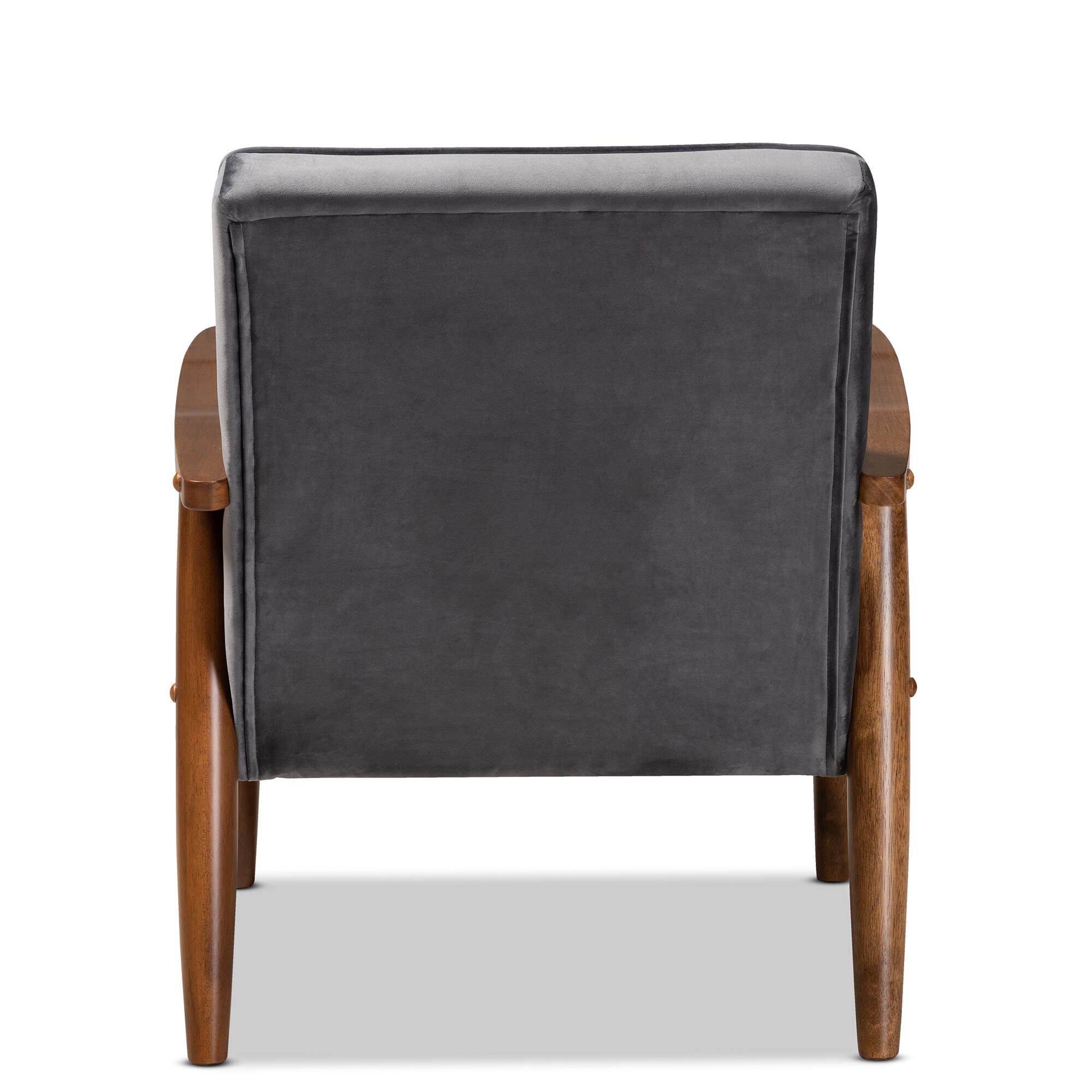 Back. Baxton Studio - Sorrento Mid-century Modern Velvet Fabric Upholstered Walnut Finished Wooden Lounge Chair - Grey/Brown.