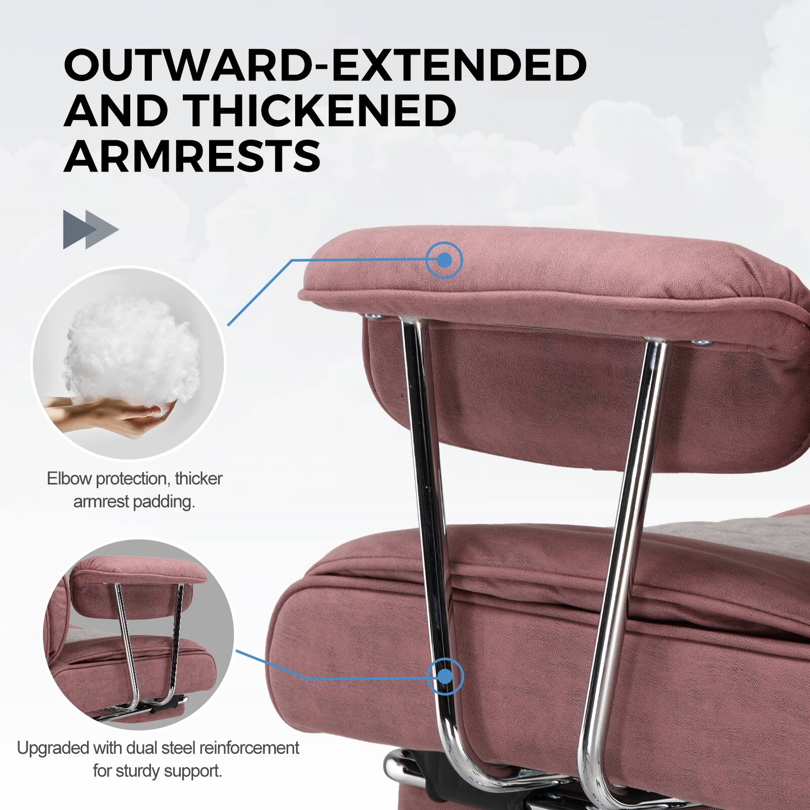 OUTWARD-EXTENDED AND THICKENED ARMRESTS

Elbow protection, thicker armrest padding.

Upgraded with dual steel reinforcement for sturdy support.