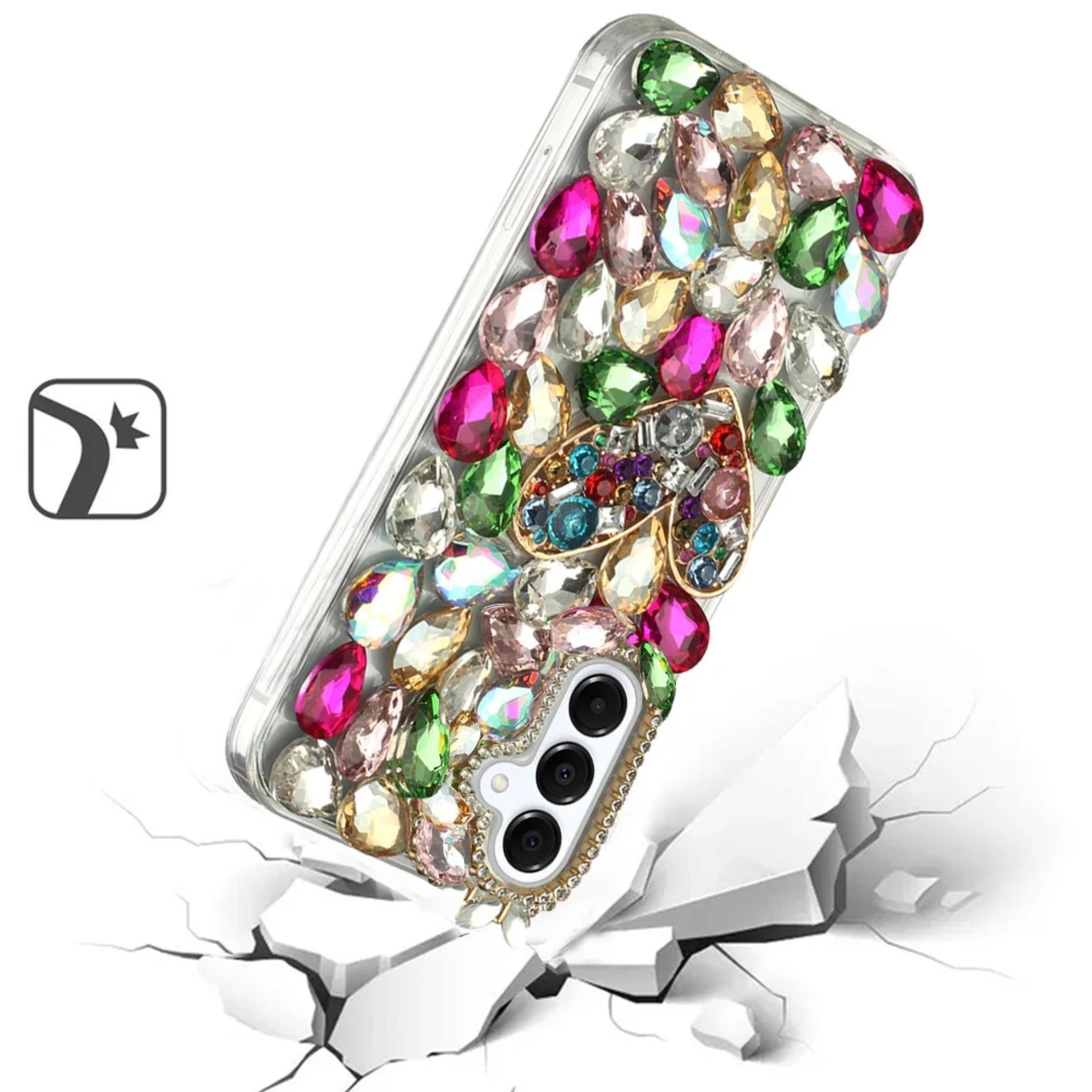 Left. Kitcheniva - Full Diamond Bling Cover 3D Jewels Plus Tempered Glass For Samsung S25/S24 Colorful Ornaments With Heart - Multicolor.