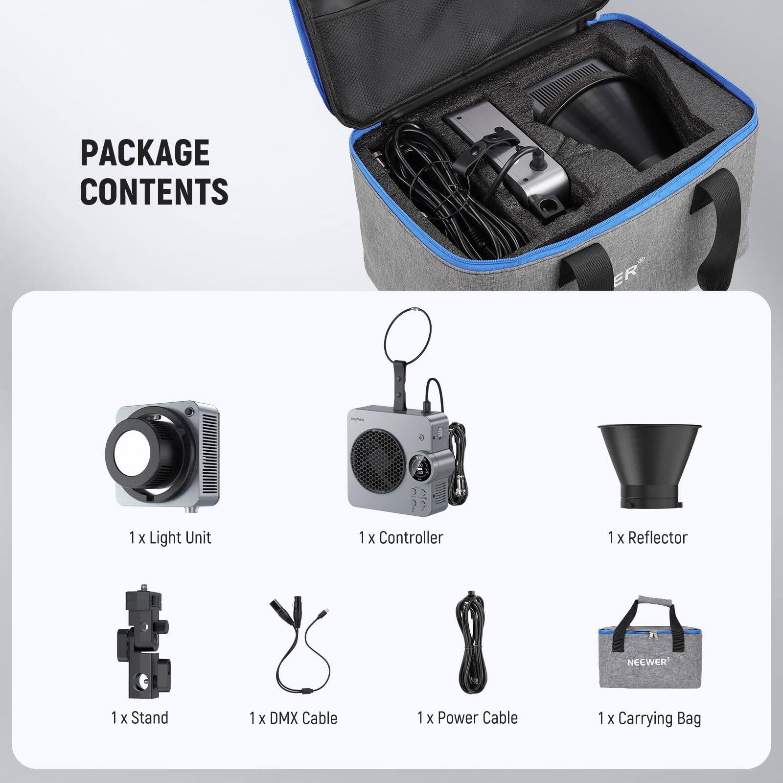 PACKAGE CONTENTS

1 x Light Unit  
1 x Controller  
1 x Reflector  
1 x Stand  
1 x DMX Cable  
1 x Power Cable  
1 x Carrying Bag