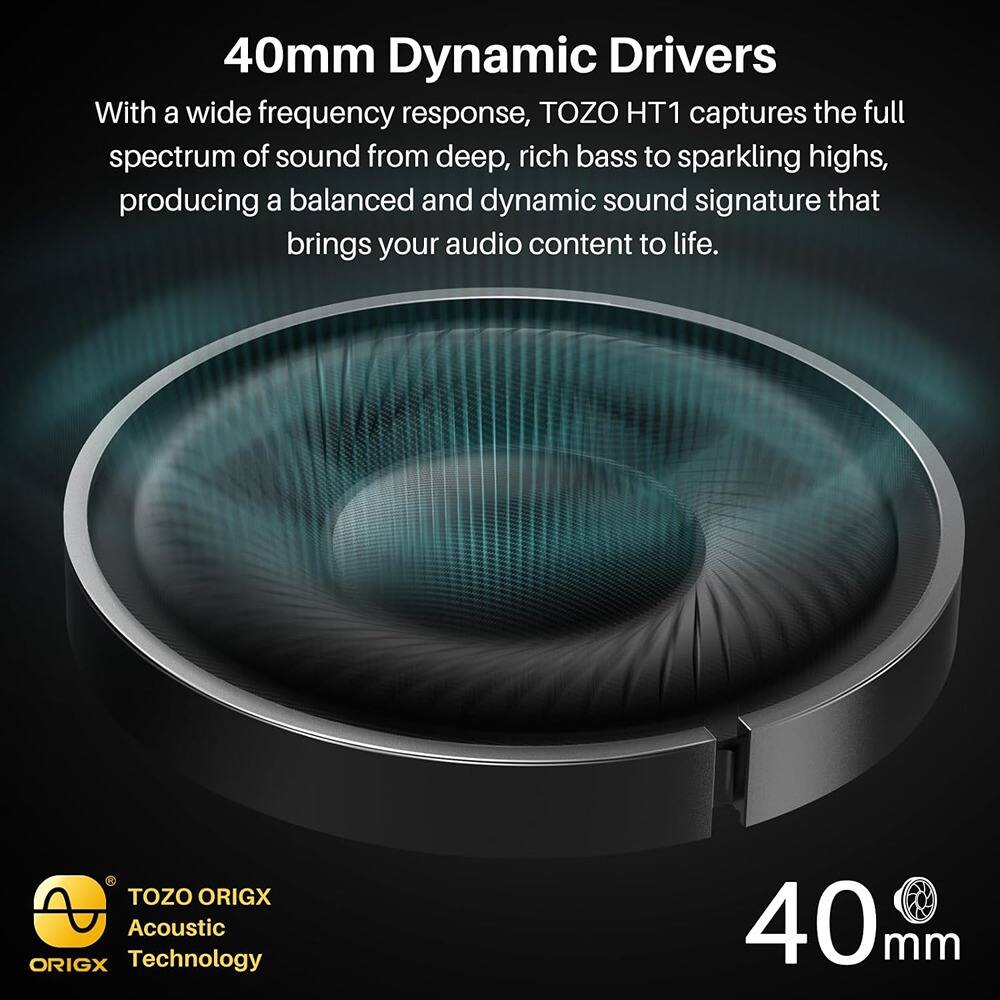 40mm Dynamic Drivers

With a wide frequency response, TOZO HT1 captures the full spectrum of sound from deep, rich bass to sparkling highs, producing a balanced and dynamic sound signature that brings your audio content to life.

TOZO ORIGX Acoustic Technology