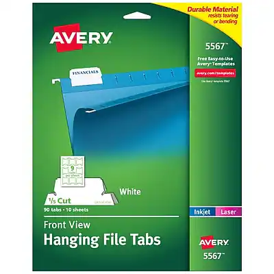 AVERY
Durable Material resists tearing or bending
5567
FINANCIALS
Free Easy-to-Use Avery Templates
avery.com/templates
9 White
1/16" Cut
90 tabs - 10 sheets
Front View
Hanging File Tabs
Inkjet Laser
AVERY
5567