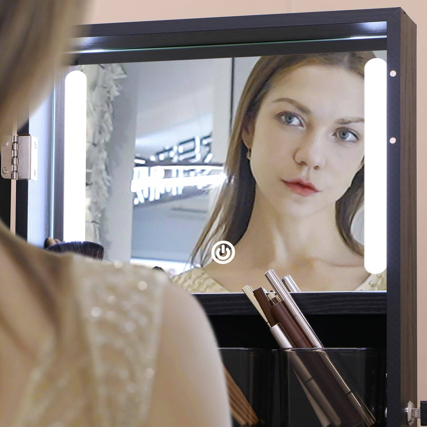 Left. TECH SAFARI - Cabinet With Standing Mirror Lockable Full Length Drawers Organizer Armoire Wheels Floor Storage Shelves Fo - Black 63*16.