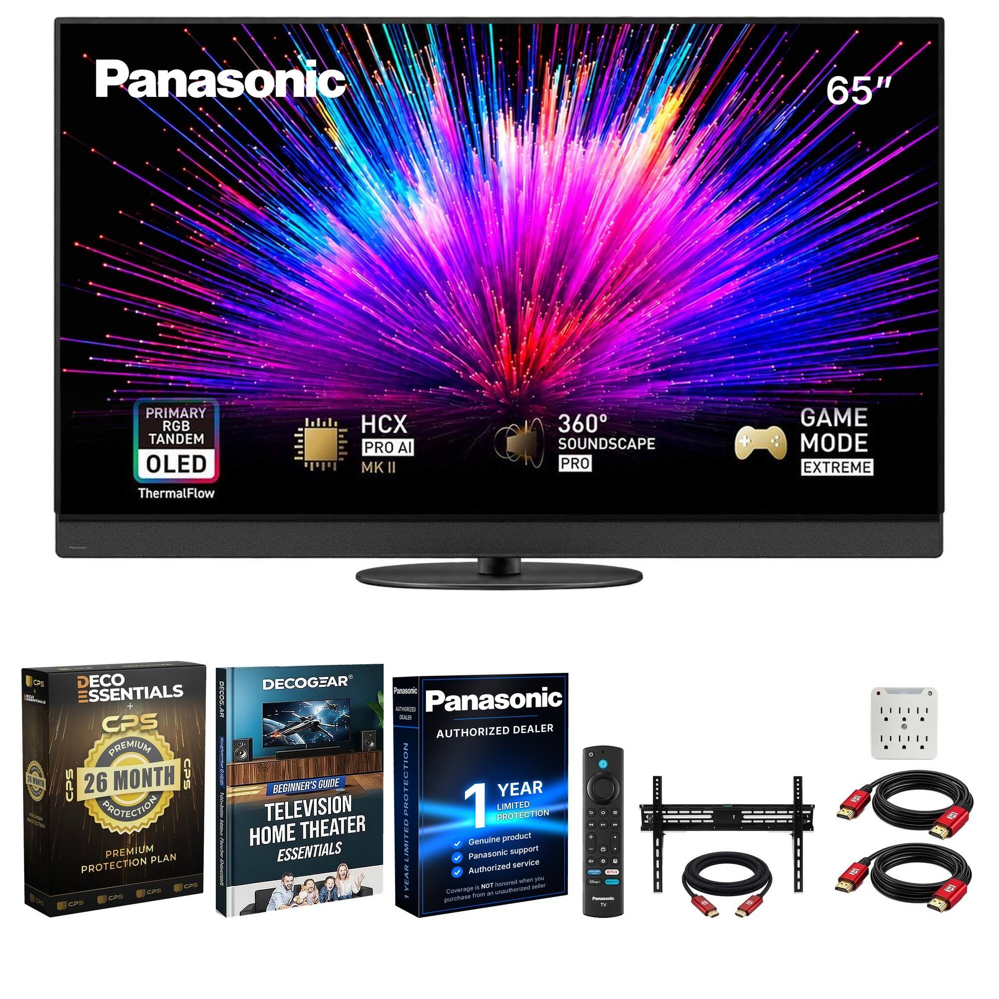 Panasonic  
65"  
PRIMARY RGB TANDEM OLED  
HCX PRO AI MKII  
360 SOUNDSCAPE PRO  
GAME MODE EXTREME  
ThermalFlow  

DECO ESSENTIALS  
CPS PREMIUM  
26 MONTH CPS  
PHOTO PROTECTION PREMIUM PLAN  

DECOGEAR  
Panasonic AUTHORIZED DEALER  
HOME TELEVISION  
BEGINNER'S THEATER GUIDE  
PROTECTION LIMITED  
1 YEAR LIMITED  
Genuine PROTECTION  
product ESSENTIALS  
Panasonic support  
Authorized service  
YEAR purchase  
Caverage from  
D NOT 21  
unauthorized  
Cenoned when seller you