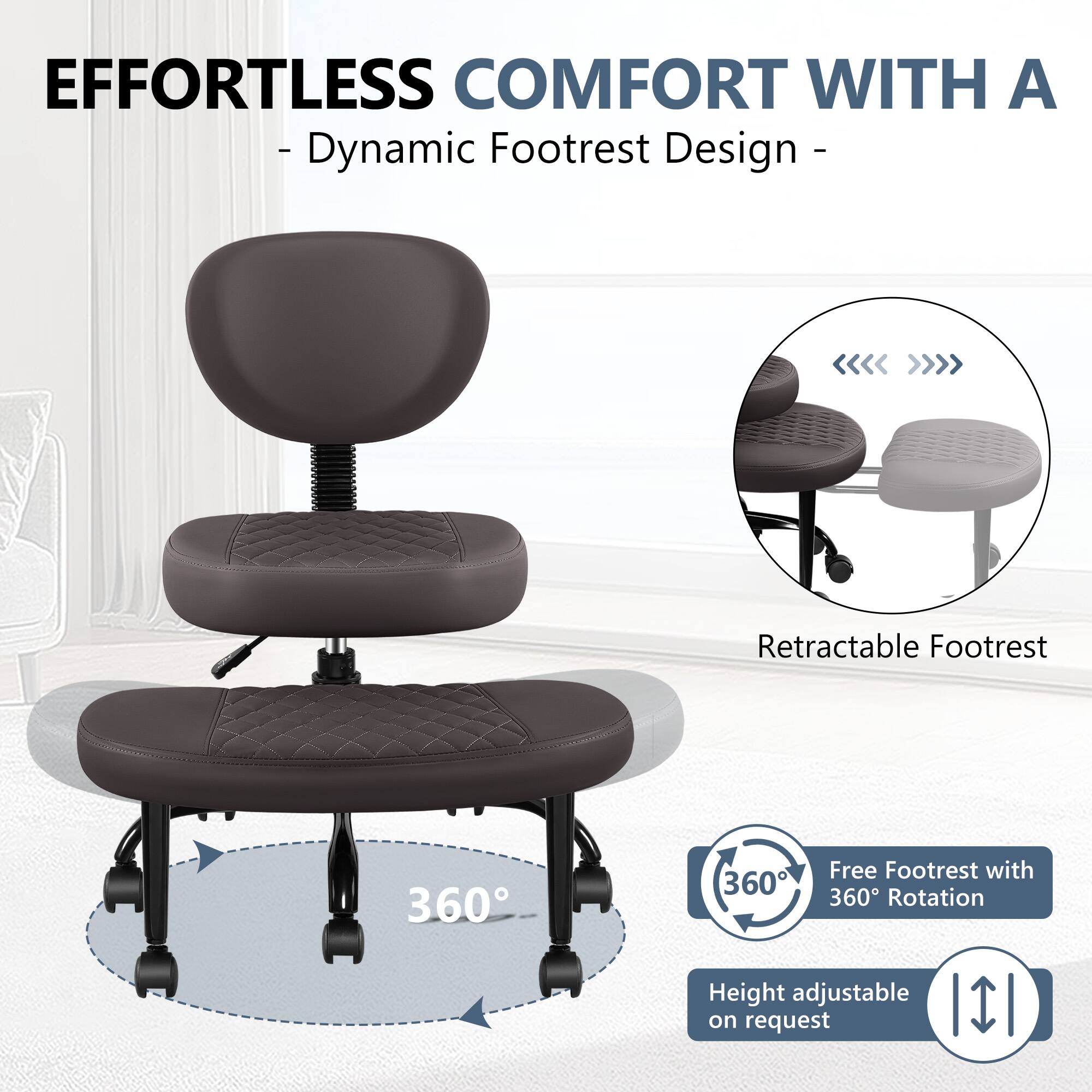 EFFORTLESS COMFORT WITH A - Dynamic Footrest Design - Retractable Footrest Free Footrest with 360° Rotation Height adjustable on request