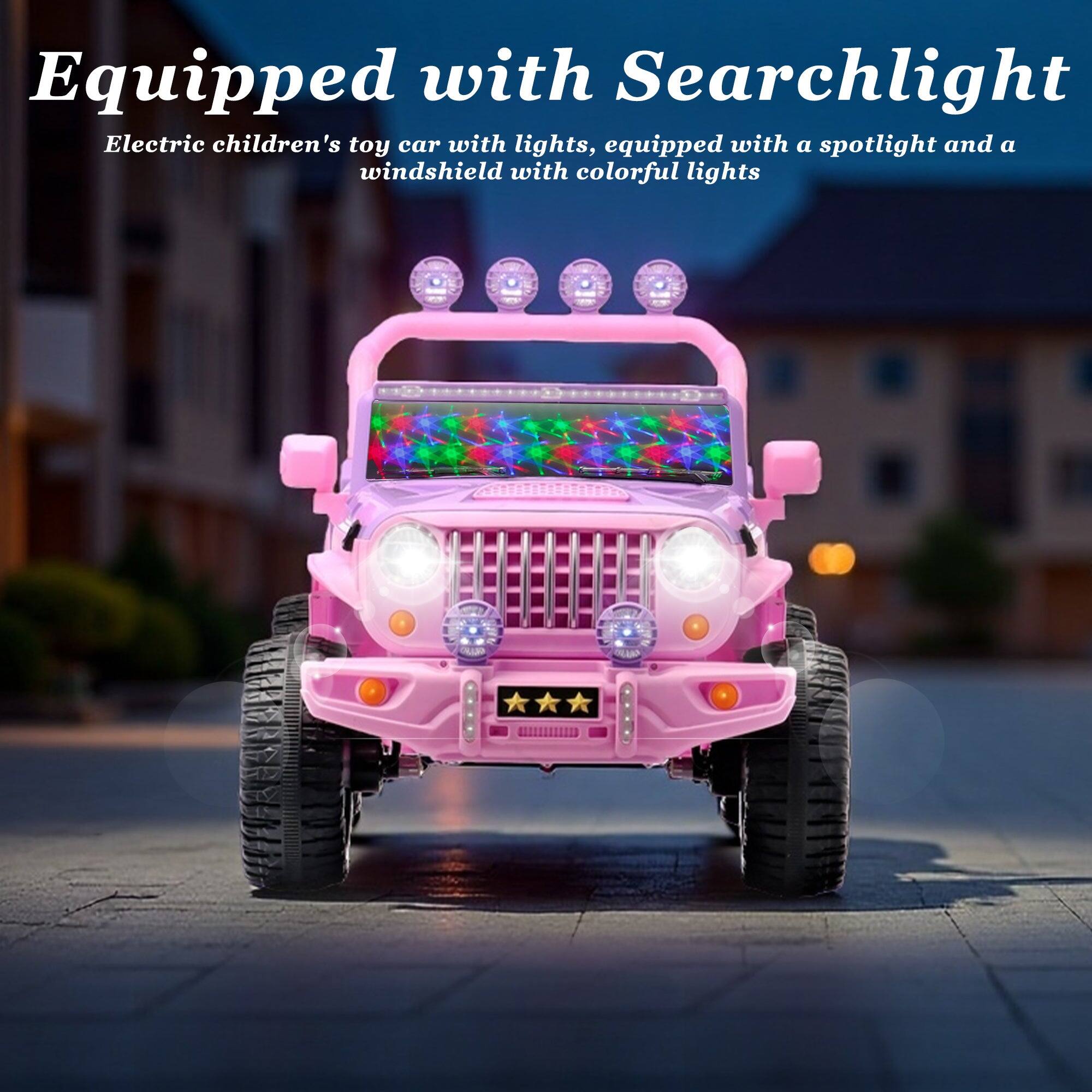 Equipped with Searchlight  
Electric children's toy car with lights, equipped with a spotlight and a windshield with colorful lights