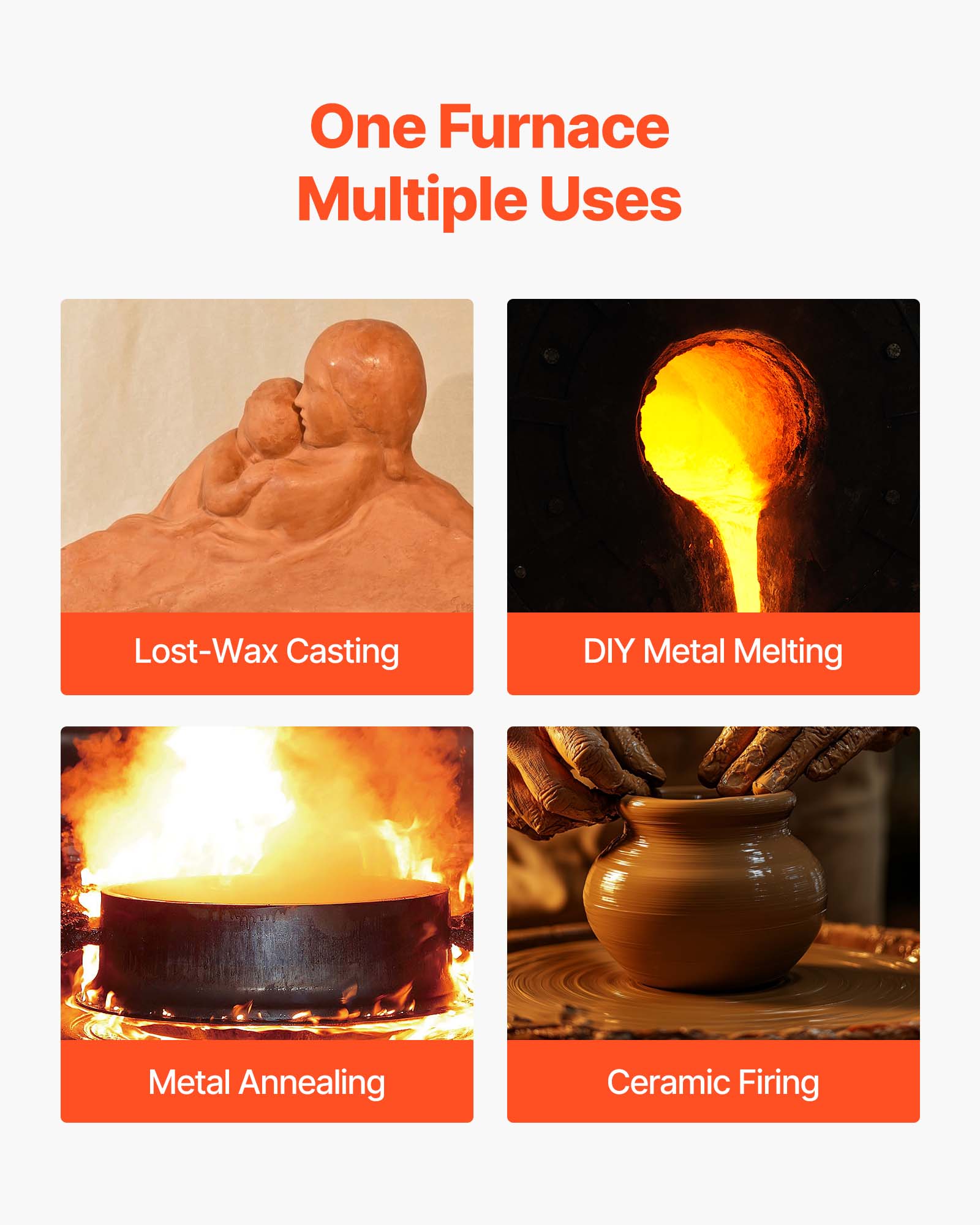 One Furnace Multiple Uses

- Lost-Wax Casting
- DIY Metal Melting
- Metal Annealing
- Ceramic Firing