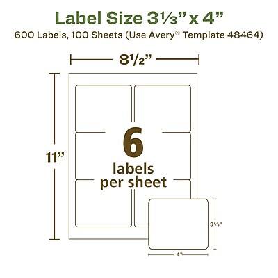 Label Size 3 1/3" x 4"

600 Labels, 100 Sheets (Use Avery Template 48464)

8 1/2" x 11"

6 labels per sheet