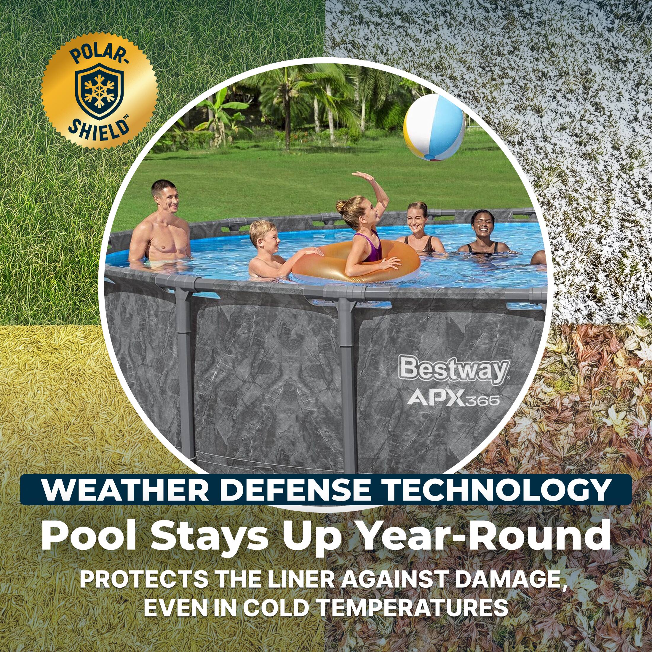 POLAR SHIELD  
Bestway APX365  
WEATHER DEFENSE TECHNOLOGY  
Pool Stays Up Year-Round  
PROTECTS THE LINER AGAINST DAMAGE, EVEN IN COLD TEMPERATURES
