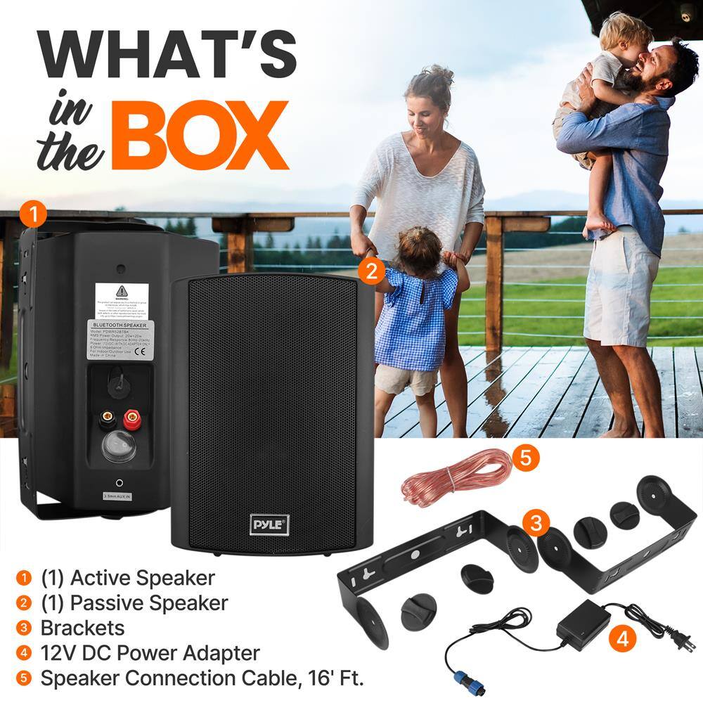 WHAT'S in the BOX

1. (1) Active Speaker
2. (1) Passive Speaker
3. Brackets
4. 12V DC Power Adapter
5. Speaker Connection Cable, 16' Ft.