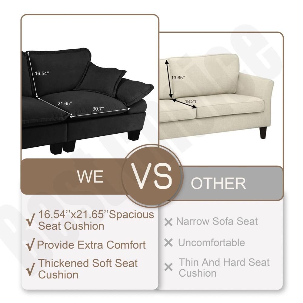 16.54" 13.65" 18.21" 21.65" 30.7"

Provide Thickened Seat Cushion 16.54" Cushion x21.65" WE Extra Soft Comfort Spacious Seat VS X X X Narrow Uncomfortable Thin Cushion OTHER And Sofa Hard Seat Seat

WE
- 16.54" x 21.65" Spacious Seat Cushion
- Provide Extra Comfort
- Thickened Soft Seat Cushion

OTHER
- Narrow Sofa Seat
- Uncomfortable
- Thin And Hard Seat Cushion