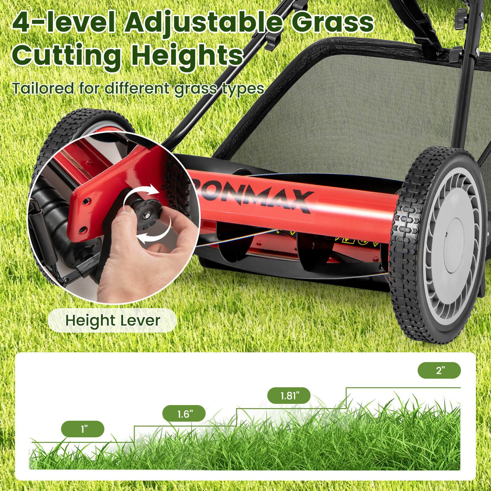 4-level Adjustable Grass Cutting Heights  
Tailored for different grass types  

ONMAX  

Height Lever  

2"  
1.81"  
1.6"  
1"