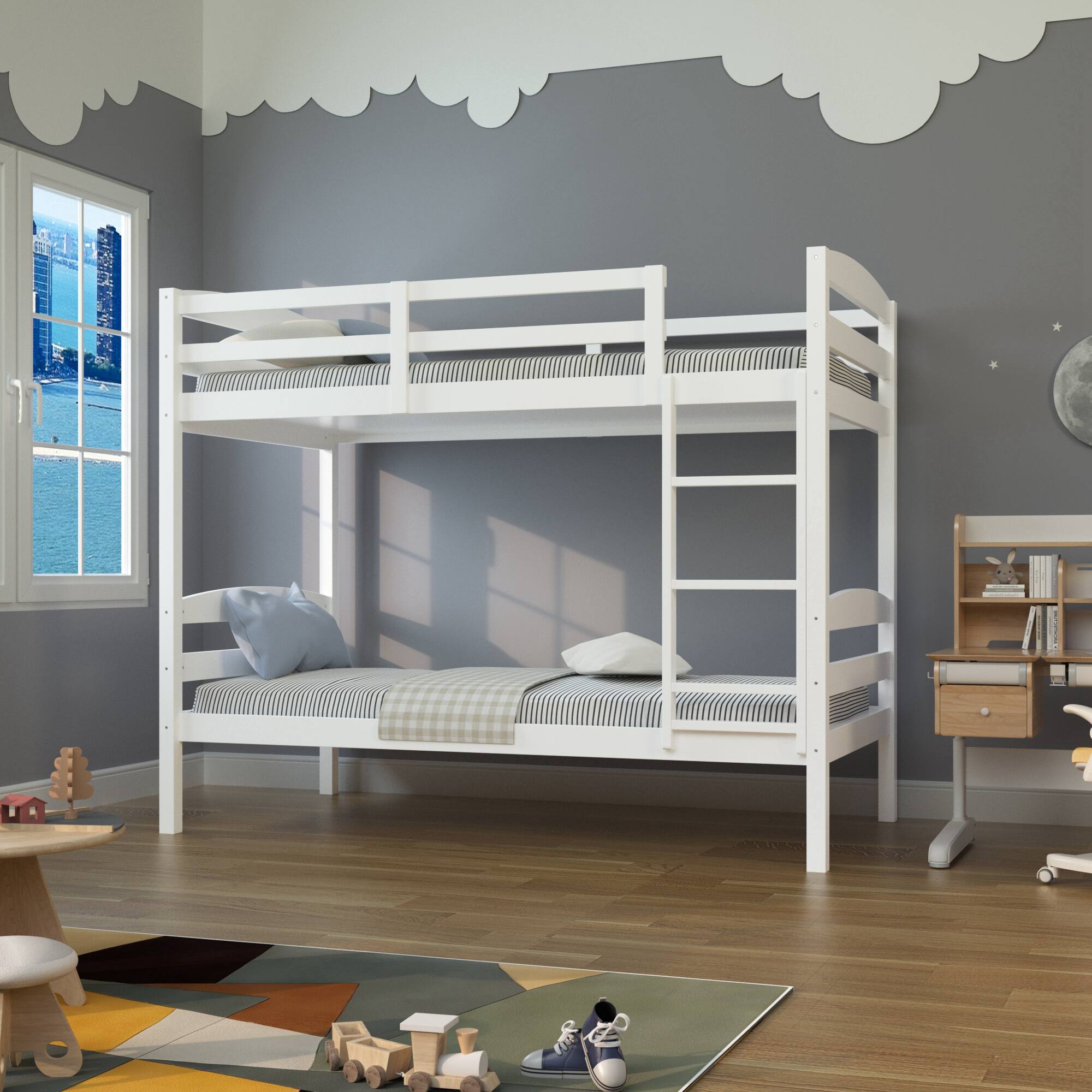 Back. Vaczon - Twin-Over-Twin Wooden Bunk Bed with Guardrails and Ladder, Solid Hardwood for Kids, Teens - White.