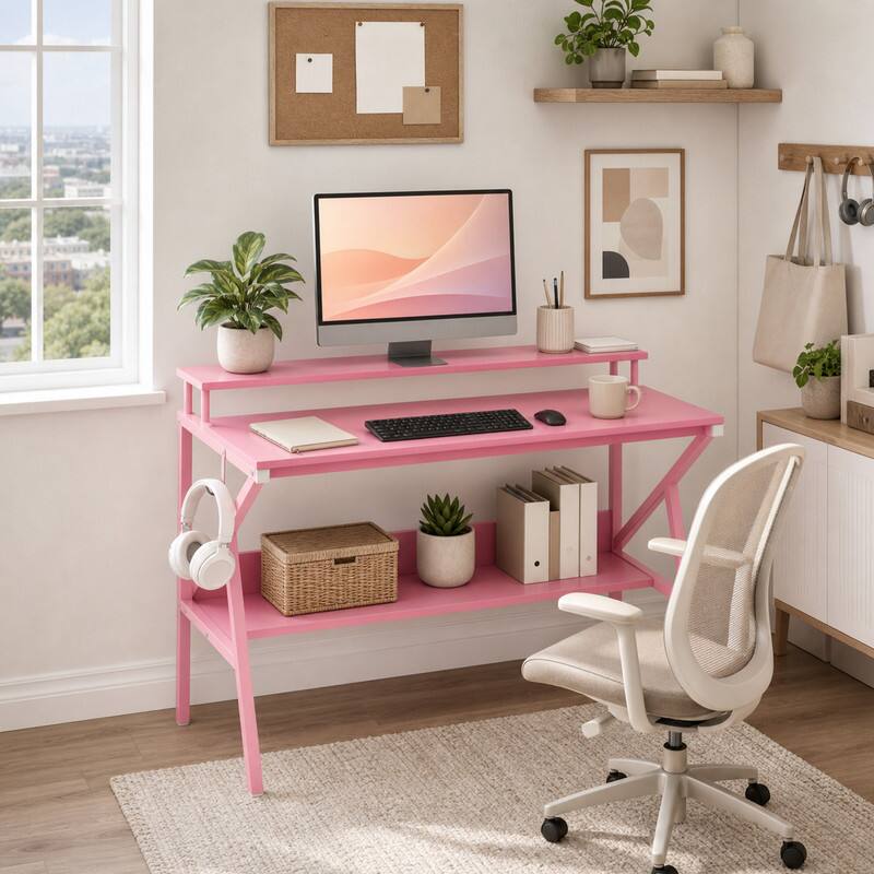 Angle. WELLFOR - 39.5 " Modern Computer Desk with Monitor Stand & Storage Shelf, Small Gaming Desk for Home Office - Pink.