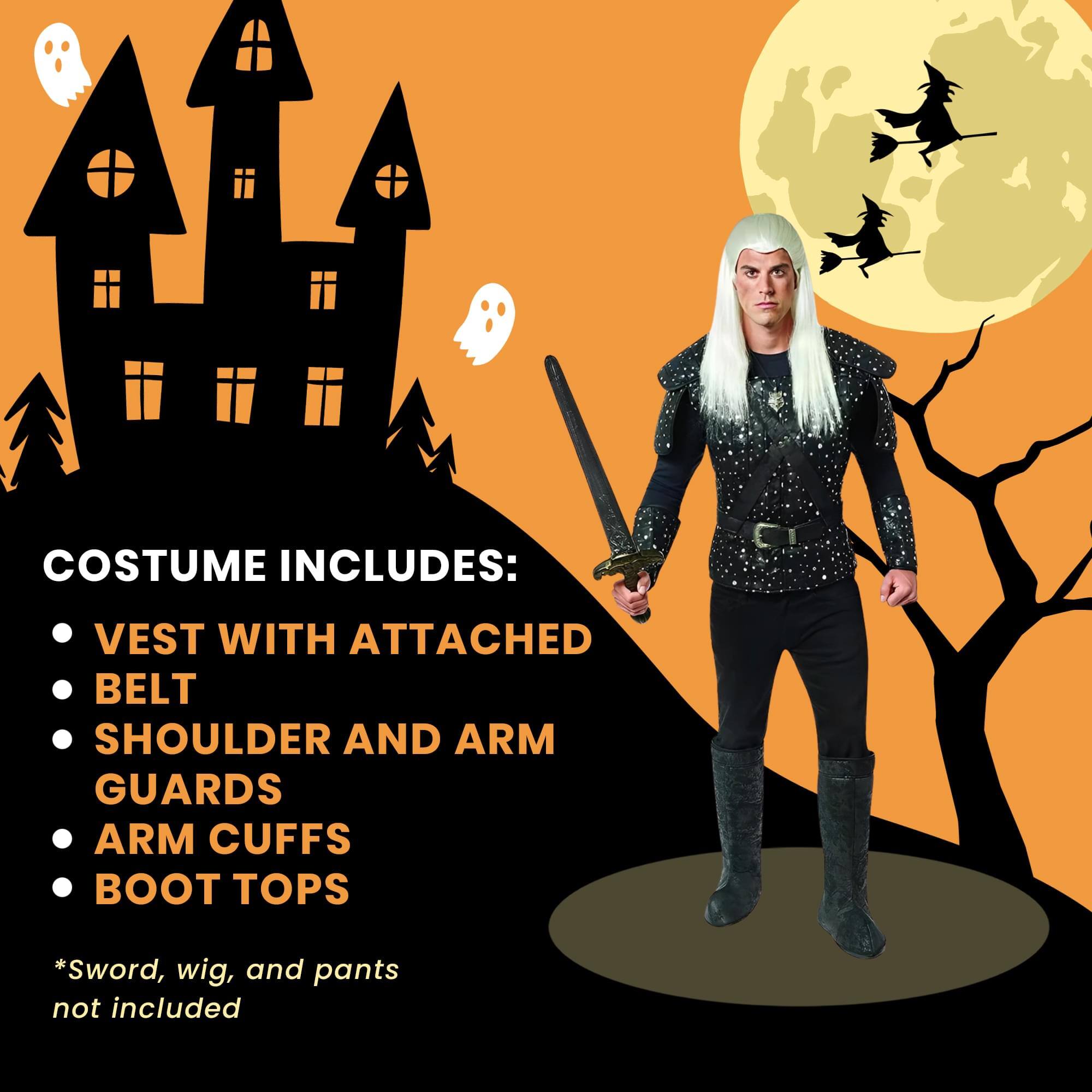 COSTUME INCLUDES: VEST WITH ATTACHED BELT, SHOULDER AND ARM GUARDS, ARM CUFFS, BOOT TOPS. *Sword, wig, and pants not included