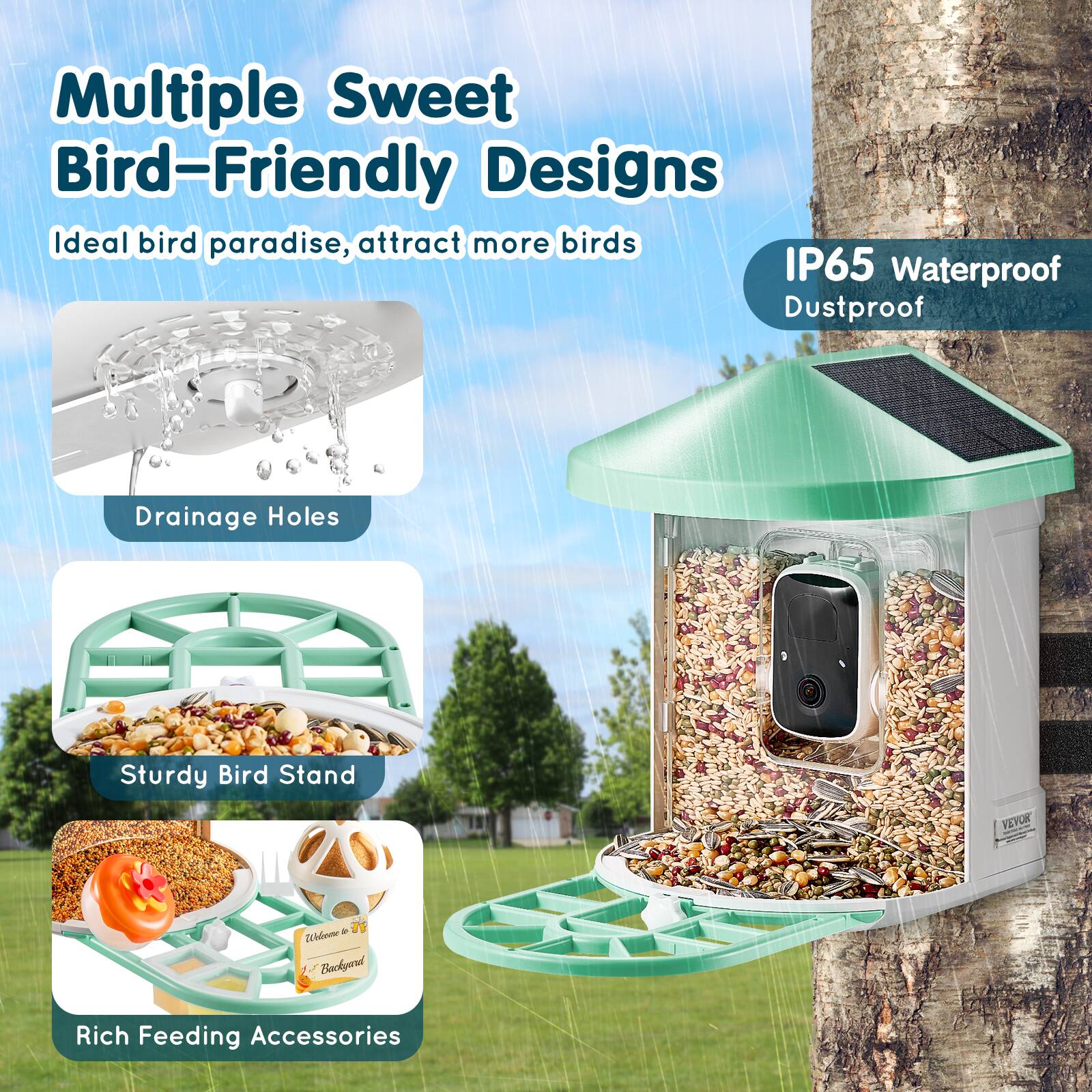 Multiple Sweet Bird-Friendly Designs  
Ideal bird paradise, attract more birds  

IP65 Waterproof Dustproof  

Drainage Holes  
Sturdy Bird Stand  
Rich Feeding Accessories