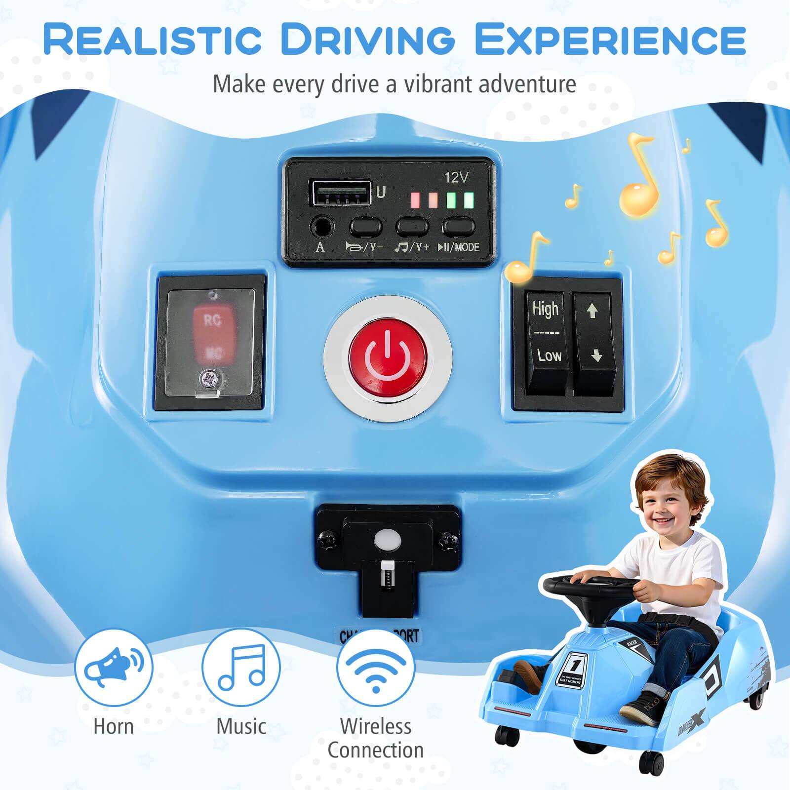 REALISTIC DRIVING EXPERIENCE  
Make every drive a vibrant adventure  

- 12V  
- A / V  
- RC  
- High / Low  
- Horn  
- Music  
- Wireless Connection