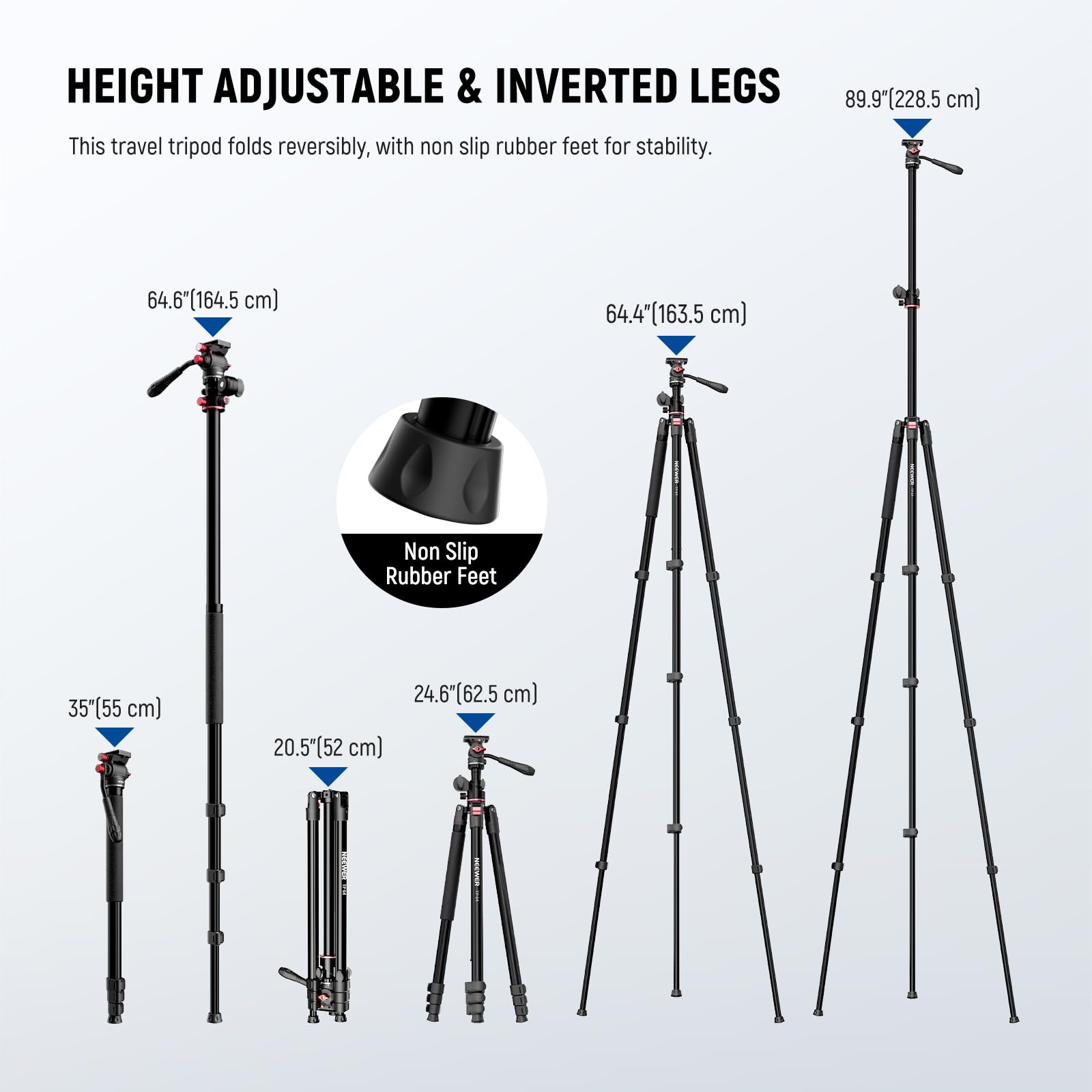 HEIGHT ADJUSTABLE & INVERTED LEGS

This travel tripod folds reversibly, with non-slip rubber feet for stability.

- 89.9" (228.5 cm)
- 64.4" (163.5 cm)
- 64.6" (164.5 cm)
- 35" (55 cm)
- 24.6" (62.5 cm)
- 20.5" (52 cm)

Non Slip Rubber Feet