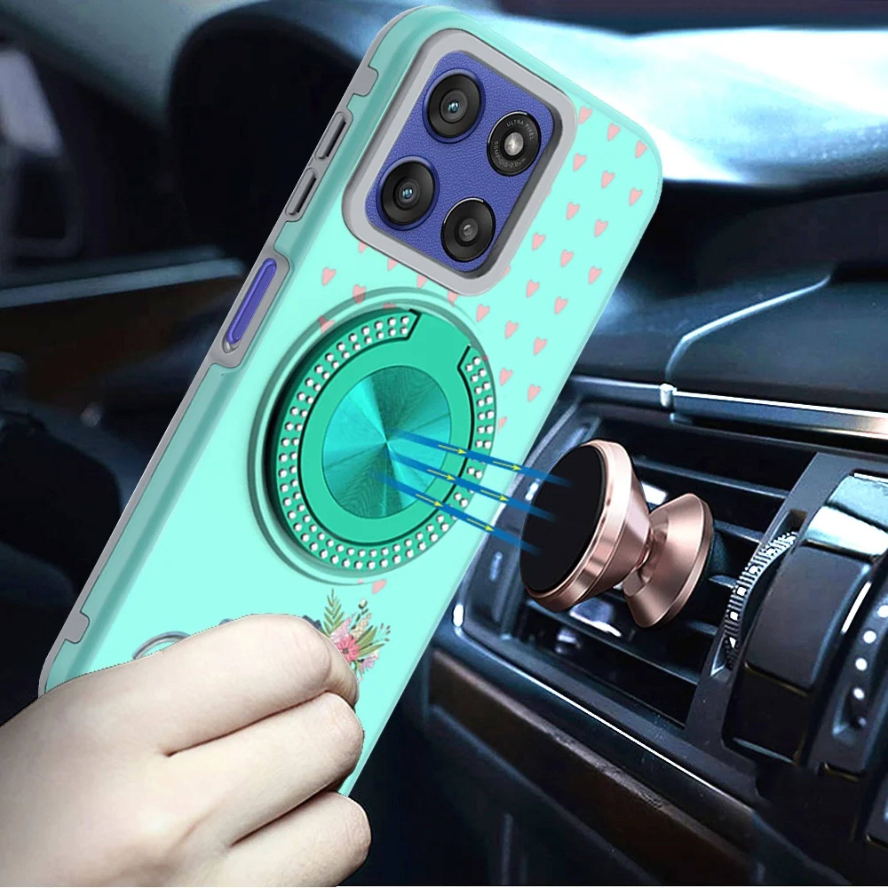 Angle. Kitcheniva - Printed Design Bling 360 Stand Case Plus Tempered Glass For Moto G Stylus 2026/2025 Teal Bicycle With Flowers - Multicolor.