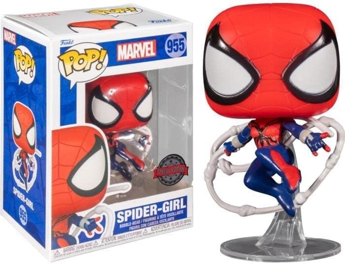 Sure, here is the corrected and grouped text from the image:

---

**Front of the Box:**

- **Top Left Corner:**
  - MARVEL

- **Top Center:**
  - POP!
  - Funko

- **Top Right Corner:**
  - 955

- **Center:**
  - MARVEL
  - 955

- **Bottom Center:**
  - SPIDER-GIRL
  - 955

- **Bottom Left Corner:**
  - SPIDER-GIRL

- **Bottom Right Corner:**
  - WARNING: CHOKING HAZARD - Small parts. Not for children under 3 years.
  - ATTENTION: PEU D'AVOIR DES PIÈCES À MANGER. NE PAS LAISSER JEU À DES ENFANTS DE MOINS DE 3 ANS.

- **Bottom Center:**
  - SPIDER-GIRL
  - BOBBLE-HEAD / FIGURINE À TÊTE OSCILLANTE
  - FIGURA CON CABEZA OSCILLANTE

- **Bottom Right Corner:**
  - ADVERTENCIA: PEU D'AVOIR DES PIÈCES À