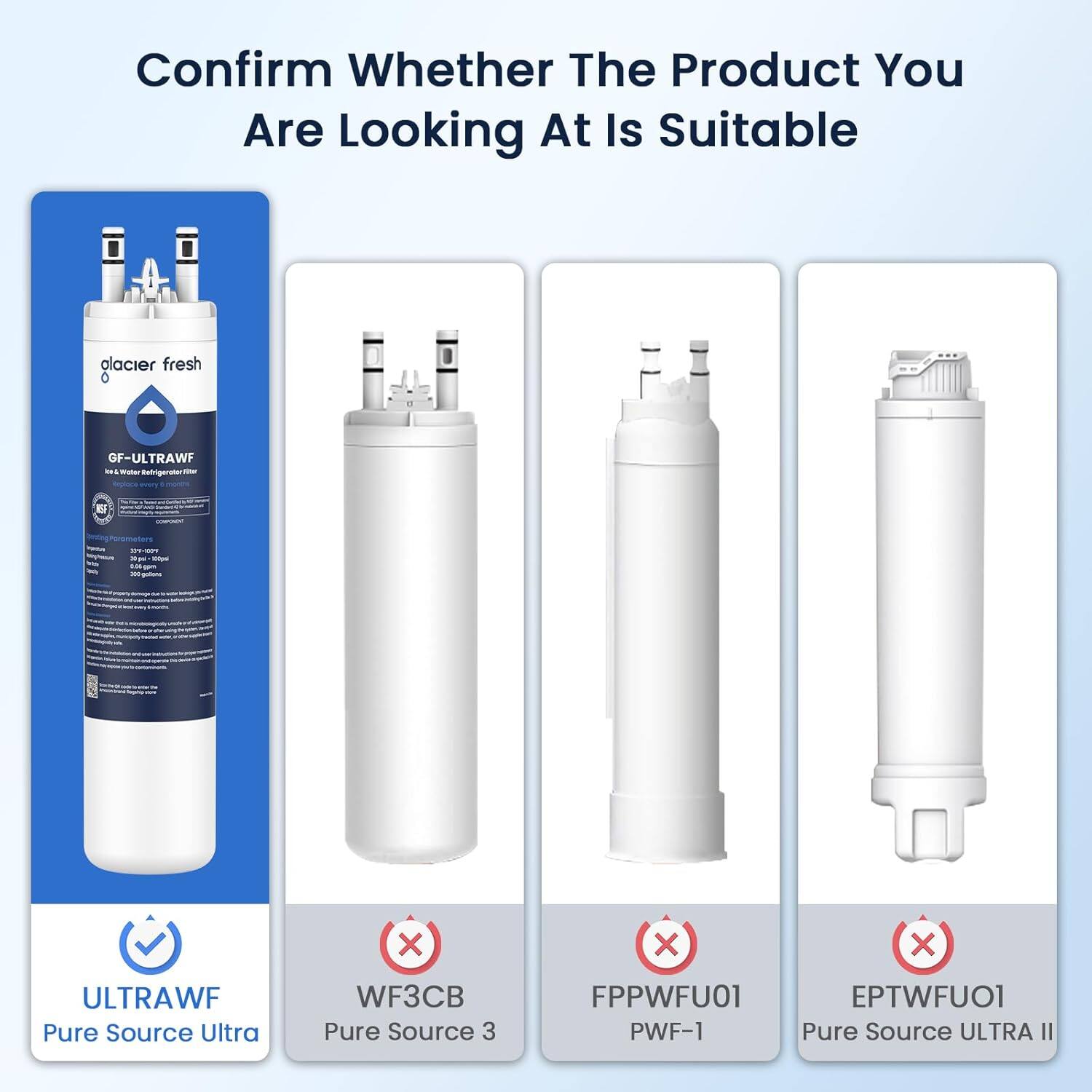 Confirm Whether The Product You Are Looking At Is Suitable

- glacier fresh GF-ULTRAWF
  - ULTRAWF Pure Source Ultra

- WF3CB
  - Pure Source 3

- FPPWFU01 PWF-1
  - Pure Source ULTRA II

- EPTWFU01
  - Pure Source ULTRA II
