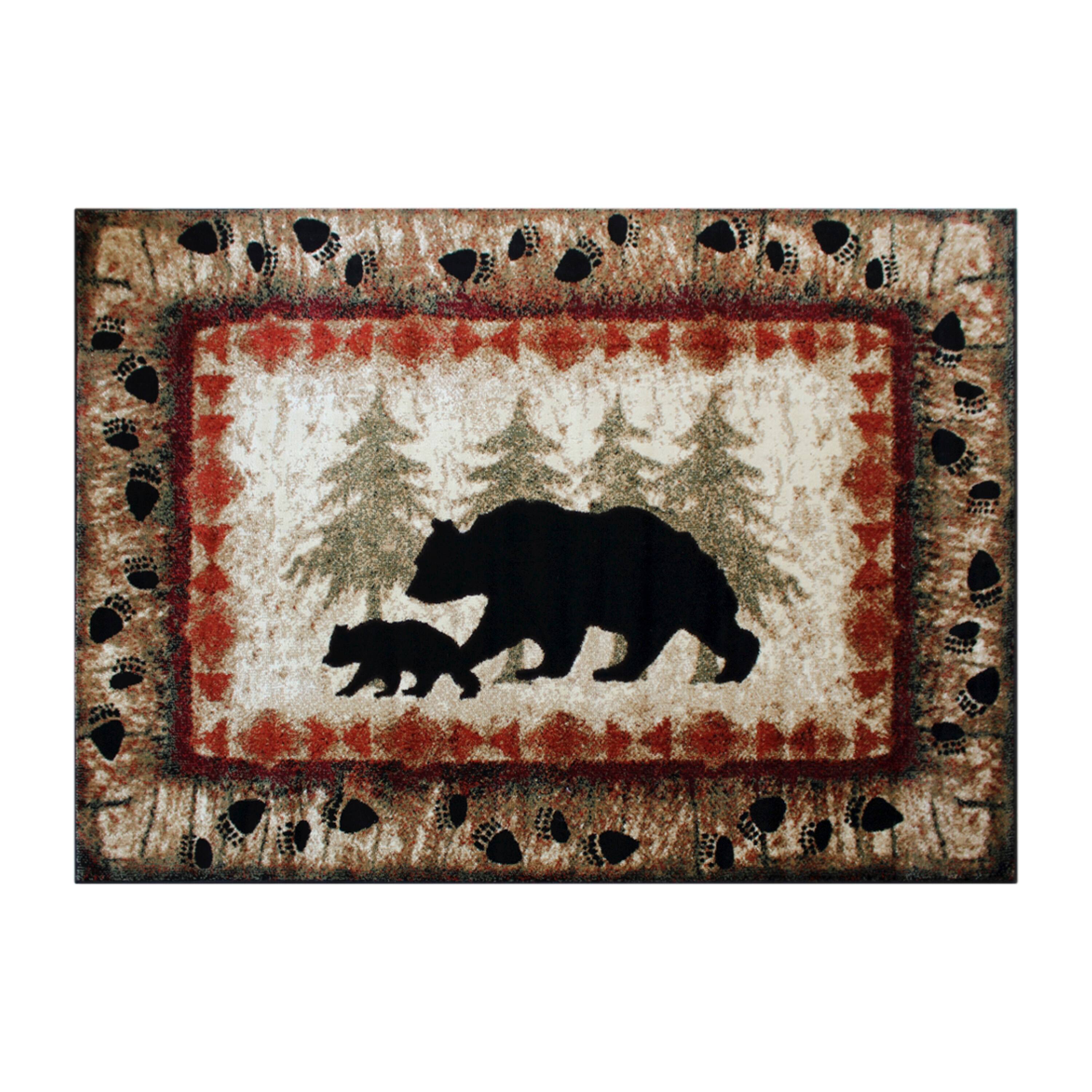 Alt View 1. Emma + Oliver - Rustic Cabin Theme Accent Rug with Bear and Cub Design with Trees in Background and Bear Track Patterned Edges - Brown.