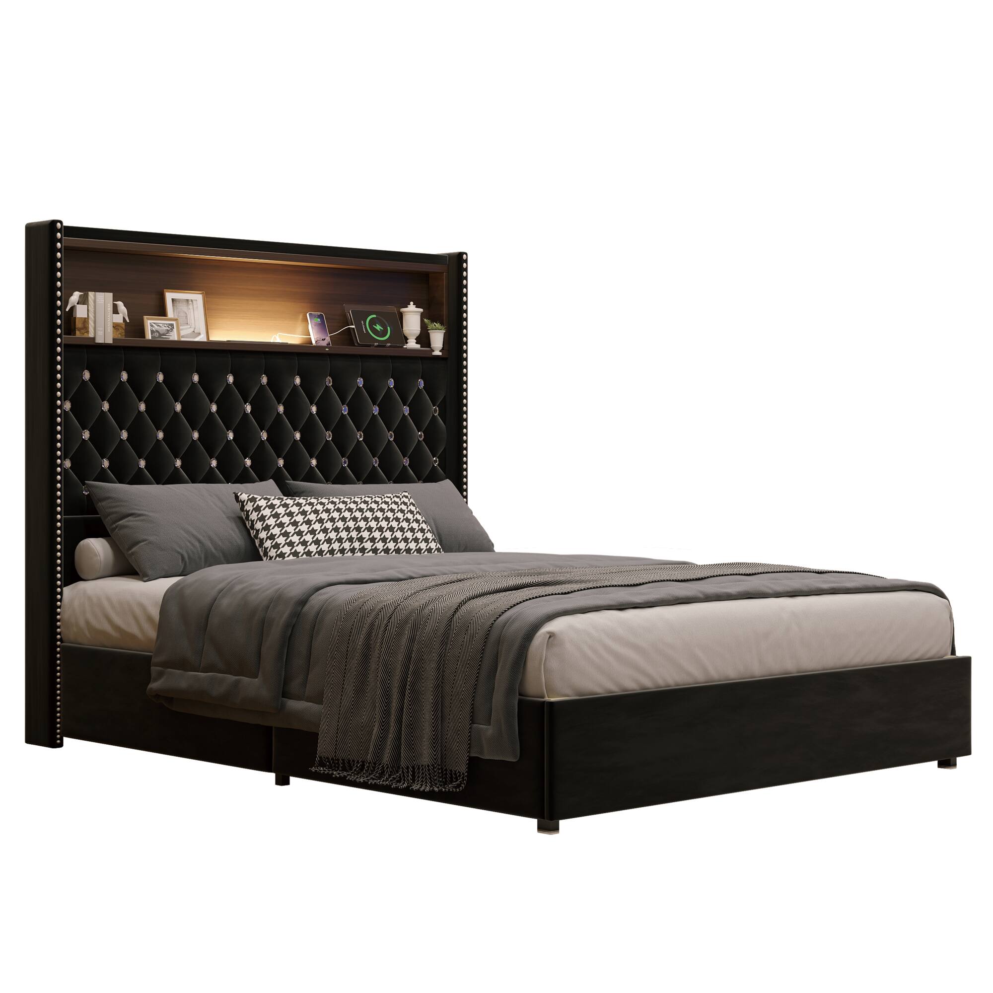 Alt View 4. GOODSILO - Luxurious Velvet Tufted Bed Frame with USB Port and Night Light, High Headboard Platform Bed - Black.