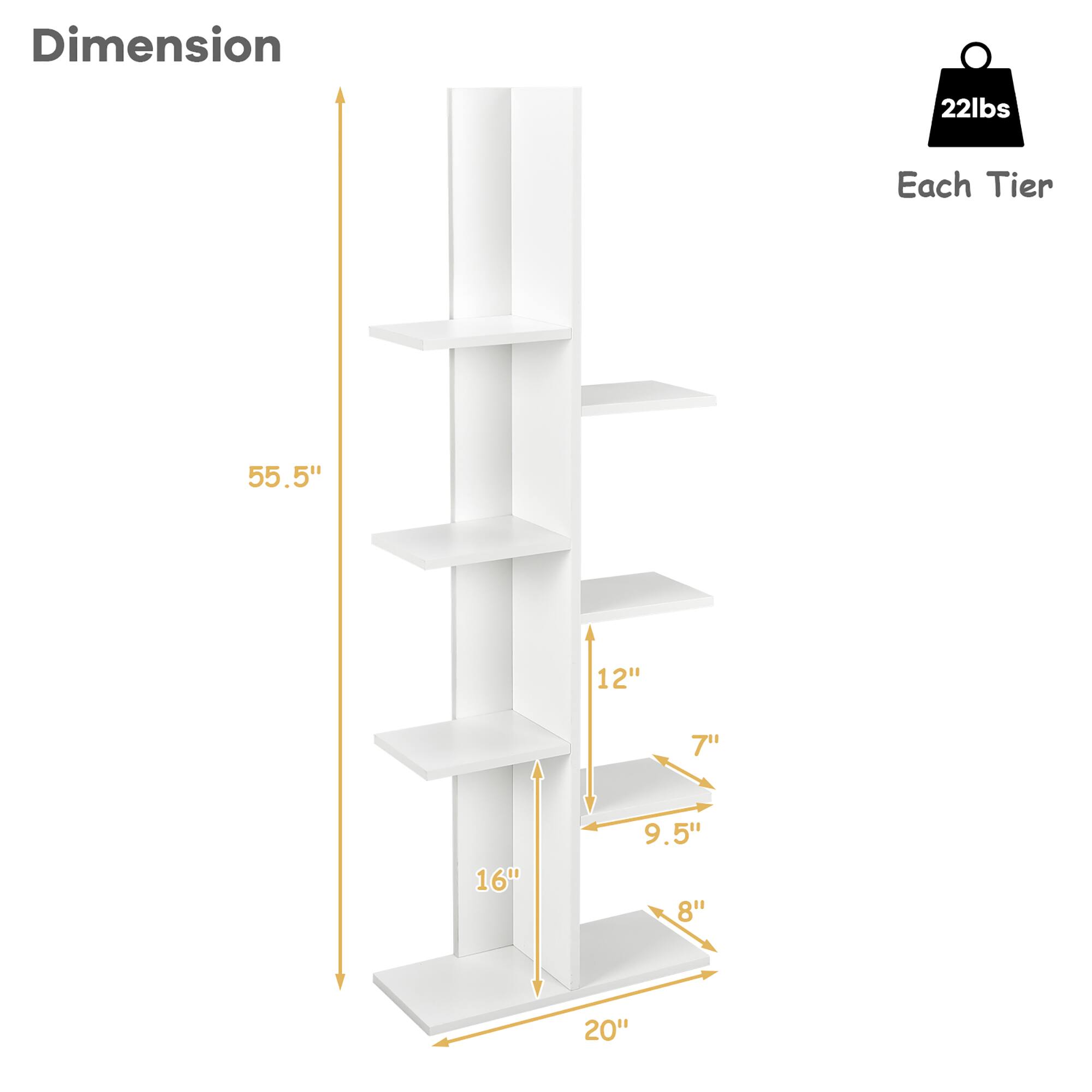Dimension: 55.5" 12" 7" 16" 9.5" 8" 20" 22lbs Each Tier