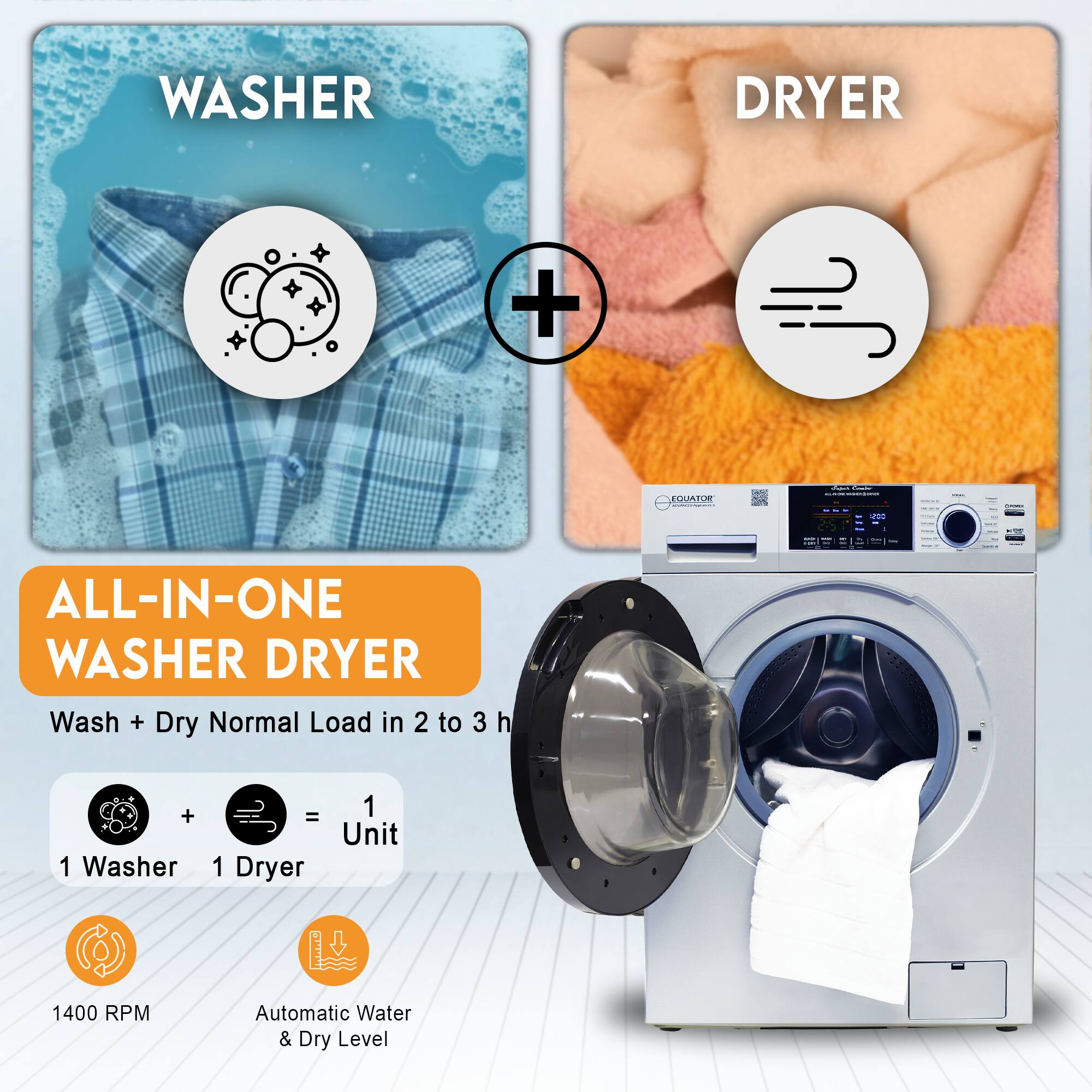 WASHER DRYER + : ! EQUATOR - U ALL-IN-ONE WASHER DRYER  
Wash + Dry Normal Load in 2 to 3 h  
1 Washer = 1 Dryer  
1 Unit  
1400 RPM  
Automatic Water & Dry Level