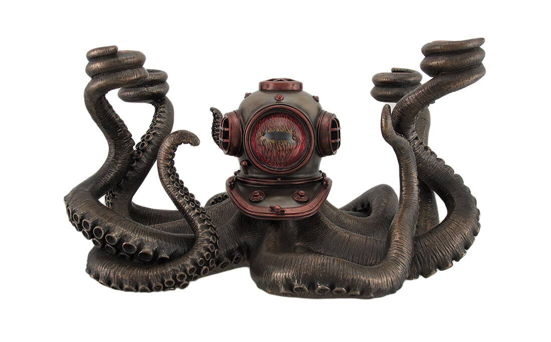 Alt View 2. Veronese Design - Incredibly Cool Steampunk Diver Octopus 4 Candle Candelabra - Black.
