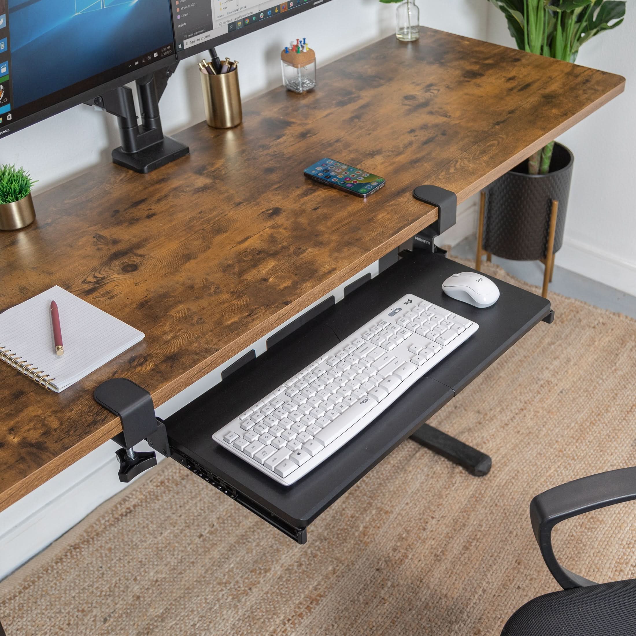 Angle. Mount-It! - Clamp-On Keyboard Tray 24" x 11" – Adjustable Under-Desk Ergonomic Platform, Black - Black.