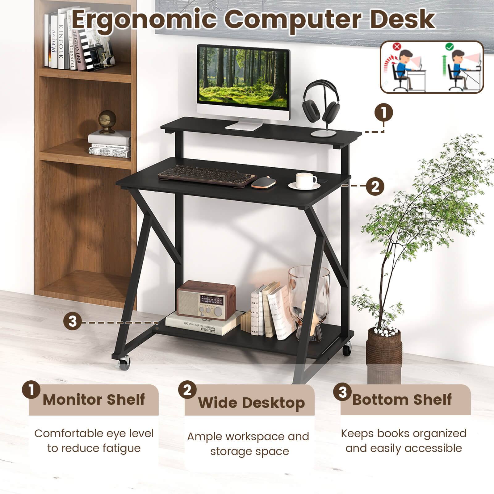 Ergonomic Computer Desk

1. Monitor Shelf
   - Comfortable eye level to reduce fatigue

2. Wide Desktop
   - Ample workspace and storage space

3. Bottom Shelf
   - Keeps books organized and easily accessible