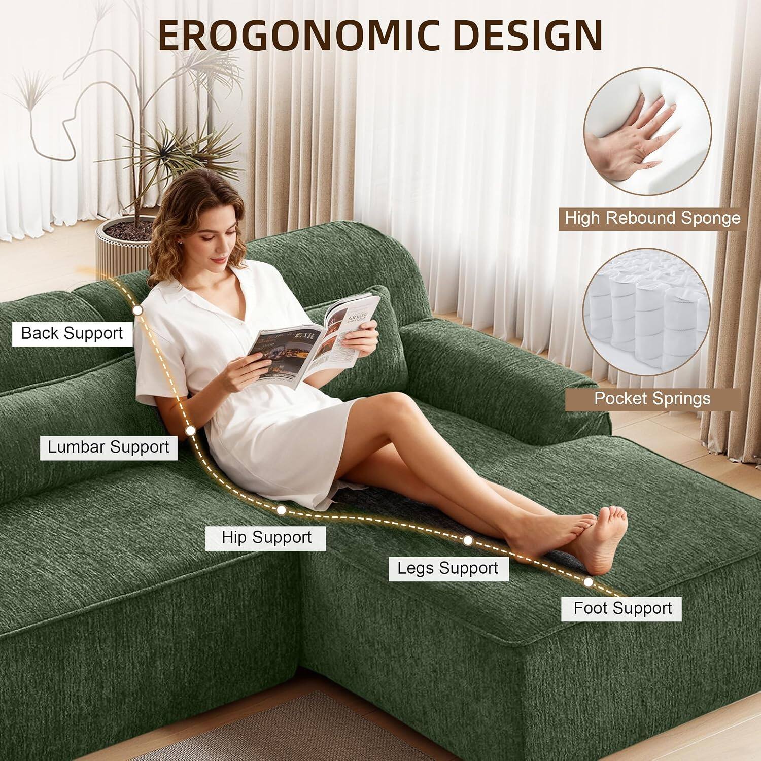 EROGONOMIC DESIGN

- High Rebound Sponge
- Pocket Springs
- Back Support
- Lumbar Support
- Hip Support
- Legs Support
- Foot Support
