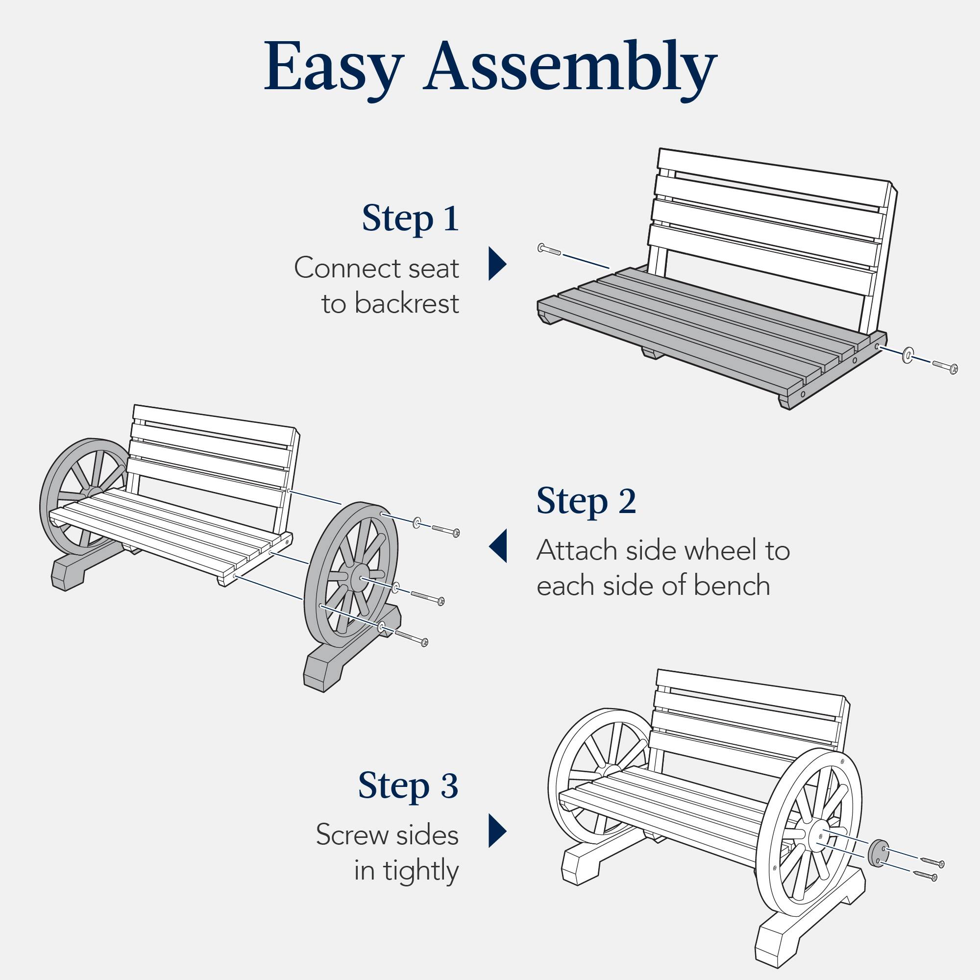 Easy Assembly

Step 1  
Connect seat to backrest

Step 2  
Attach side wheel to each side of bench

Step 3  
Screw sides in tightly