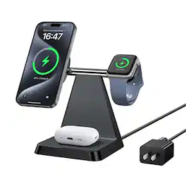 Luckbyte - 3-in-1 Magnetic Wireless Charging Station for iPhone 16-12, Apple Watch & AirPods, MagSafe Compatible Stand, Metal Rod - Black