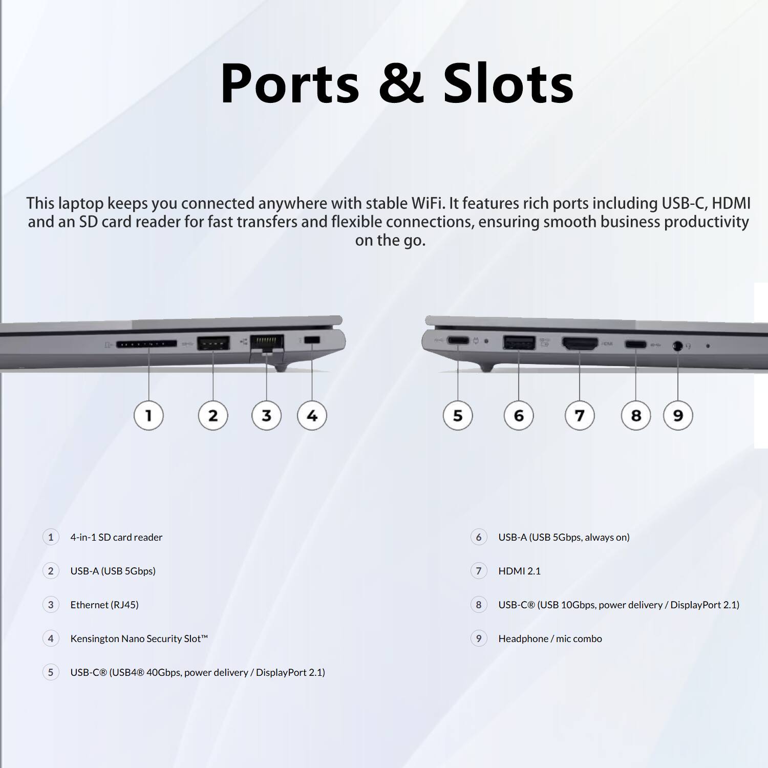 Ports & Slots

This laptop keeps you connected anywhere with stable WiFi. It features rich ports including USB-C, HDMI and an SD card reader for fast transfers and flexible connections, ensuring smooth business productivity on the go.

1. 4-in-1 SD card reader
2. USB-A (USB 5Gbps)
3. Ethernet (RJ45)
4. Kensington Nano Security Slot™
5. USB-C® (USB4® 40Gbps, power delivery / DisplayPort 2.1)
6. USB-A (USB 5Gbps, always on)
7. HDMI 2.1
8. USB-C® (USB 10Gbps, power delivery / DisplayPort 2.1)
9. Headphone / mic combo