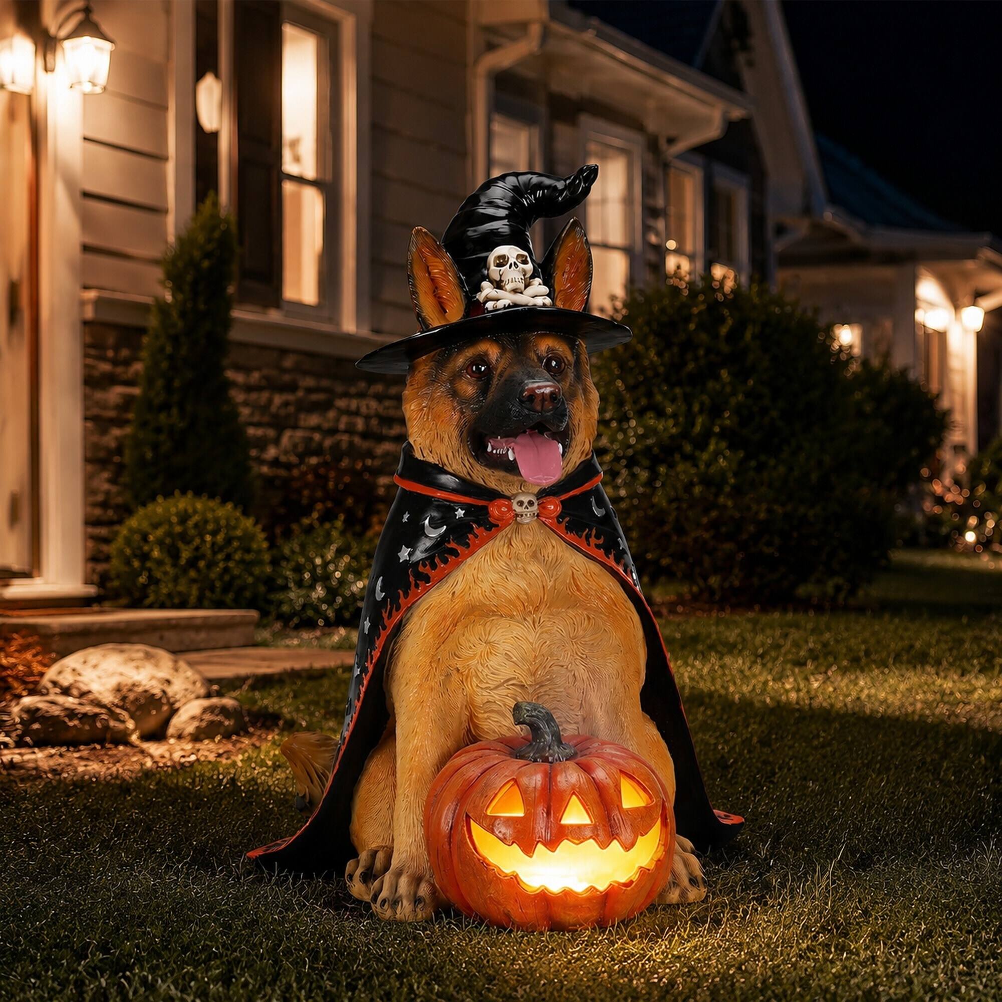 Angle. RYHNUYNE - Halloween German Shepherd Dog Statue with Witch Hat and Cape Paired with LED Pumpkin Lantern for Spooky Porch Decor - Yellow.