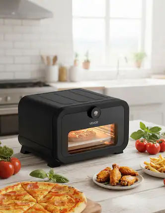 Front. Forest'nSky - Air Fryer & Pizza Oven Combo, 12" with 8 Presets, Smart Knob, 750°F, IPX4 Waterproof - Black.