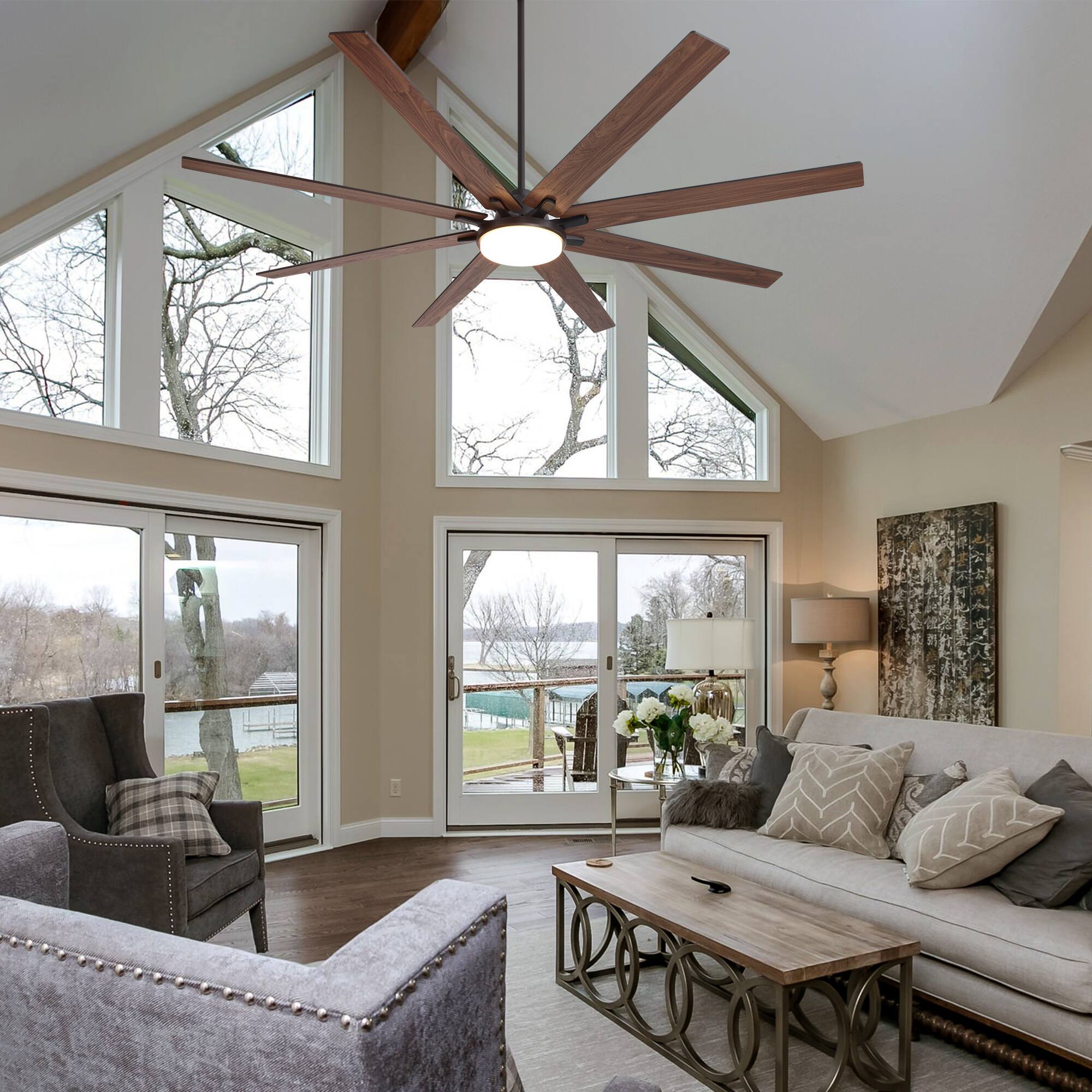 Left. Siljoy - 84 Inch Big Ben Ceiling Fan with LED Light and Remote Control (8 dual blades)For Kitchen Livingroom and Bedroom - Brown.