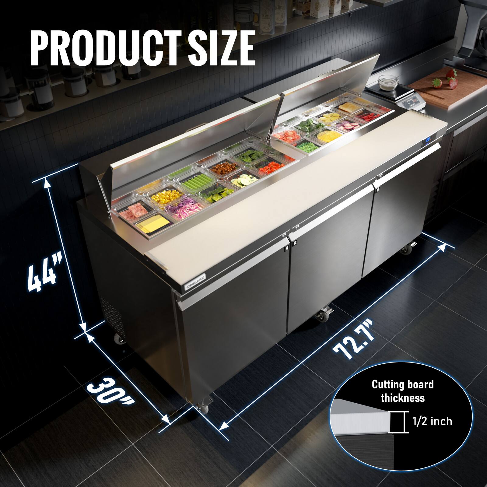 PRODUCT SIZE  
44" x 30" x 72.7"  
Cutting board thickness: 1/2 inch