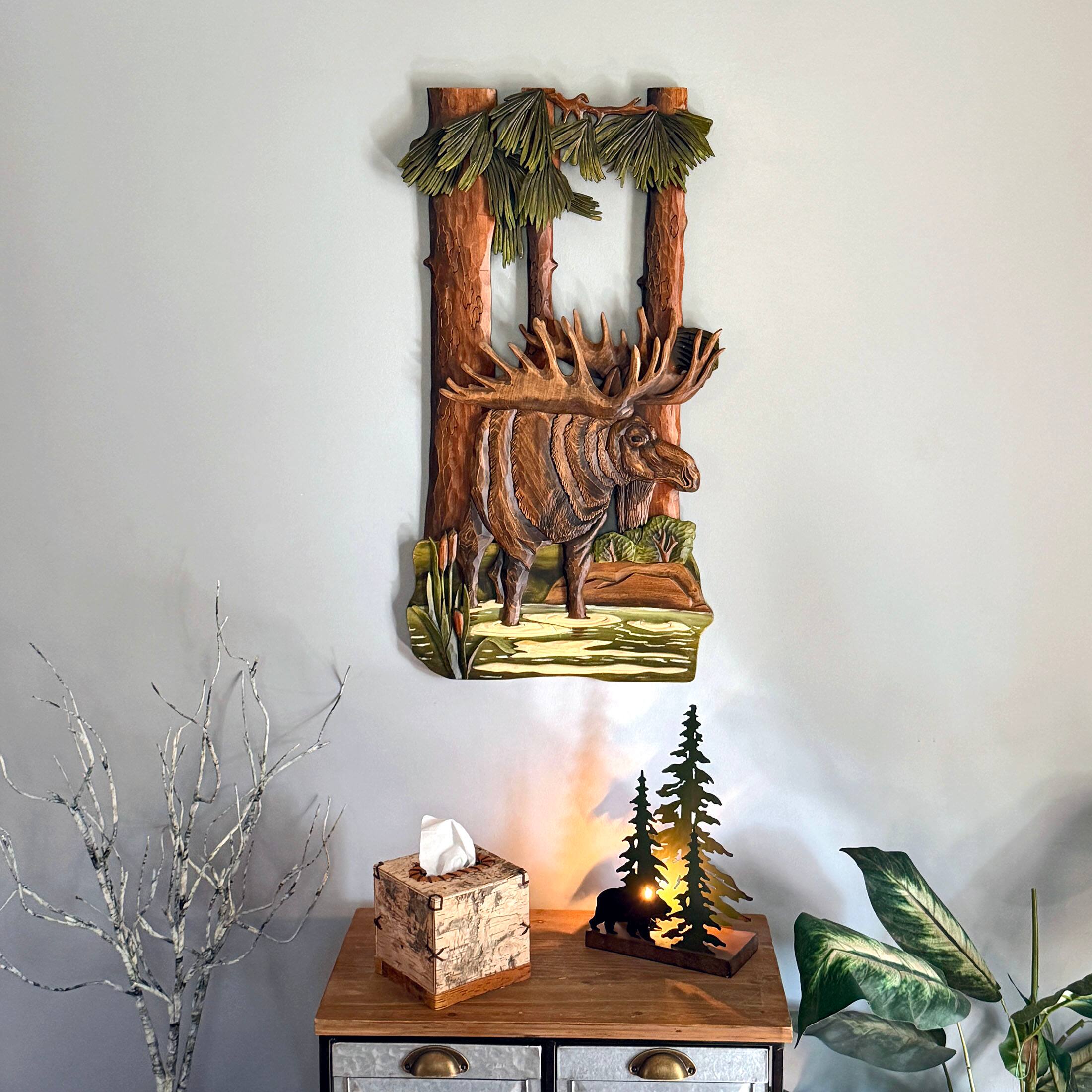 Alt View 3. Zeckos - 31x17 Intarsia Wood Moose Wall Sculpture Rustic Cabin Lodge Wildlife Decor - Brown.