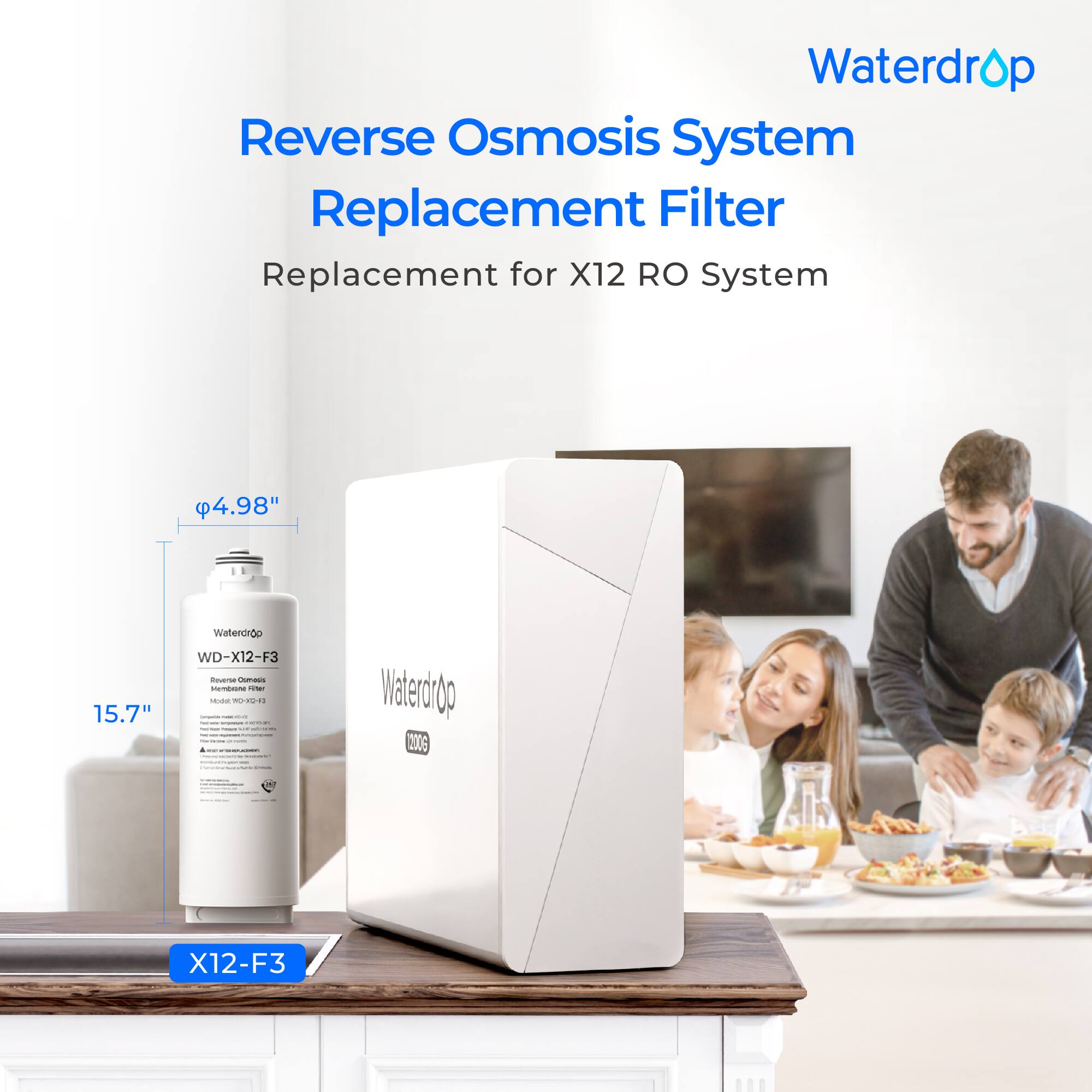 Waterdrop Reverse Osmosis System Replacement Filter Replacement for X12 RO System 4.98" 15.7" WD-X12-F3