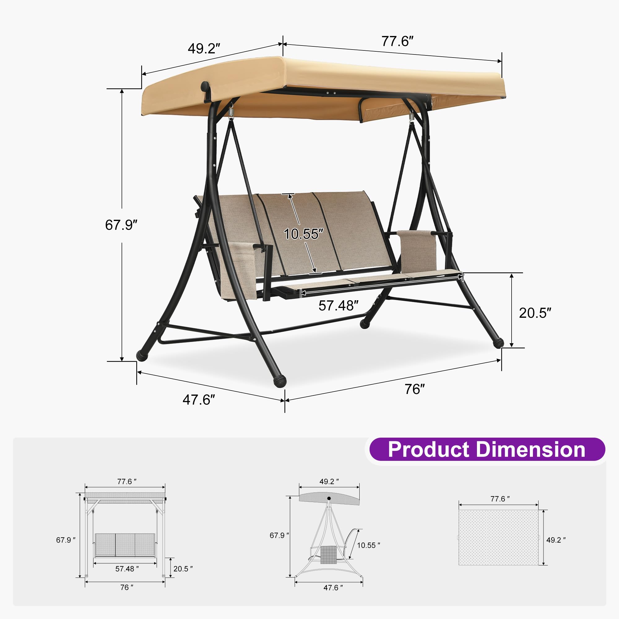 Product Dimension

- 77.6"
- 49.2"
- 67.9"
- 10.55"
- 57.48"
- 20.5"
- 47.6"
- 76"