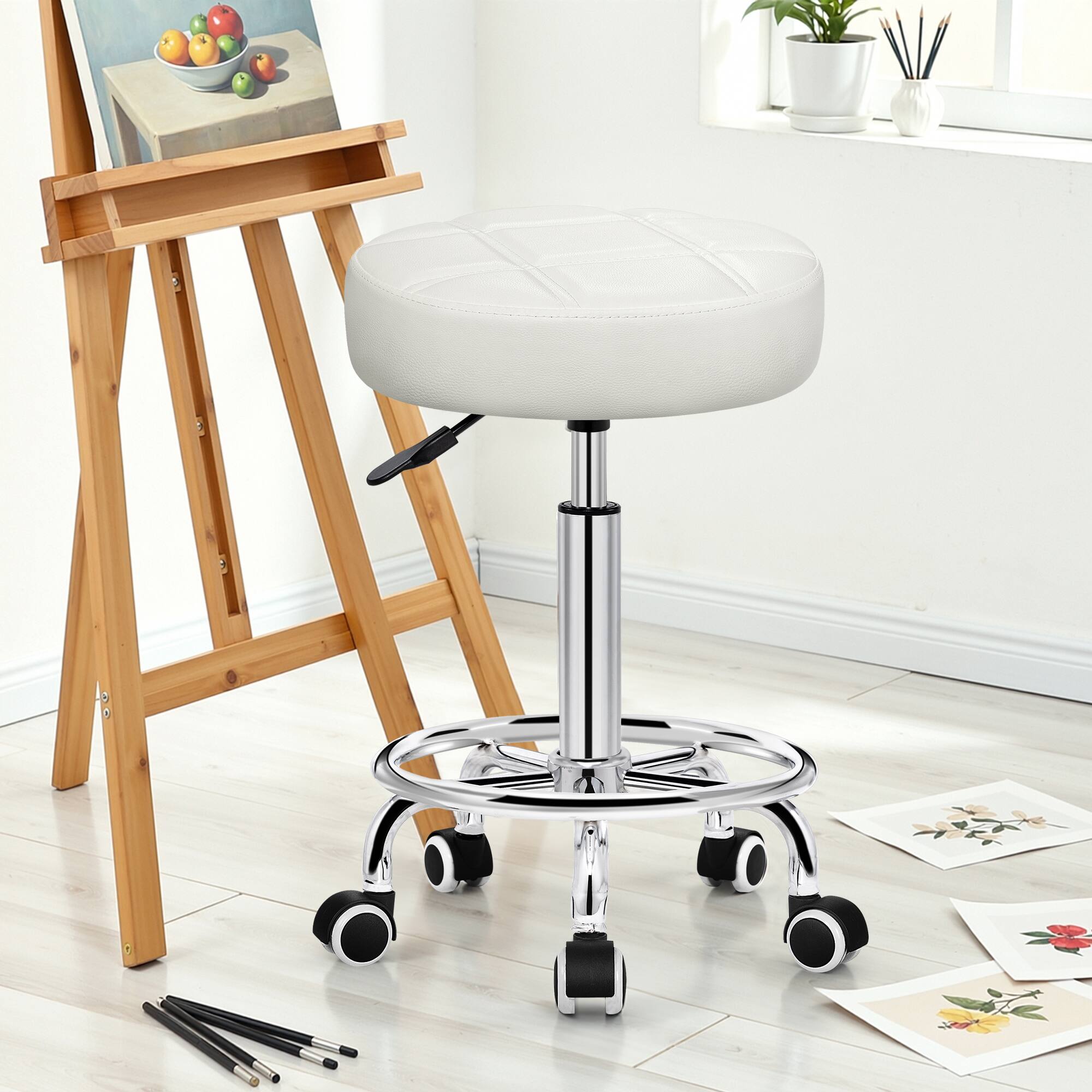 Alt View 4. KERDOM - Versatile Rolling Stool Adjustable Height PU Leather Swivel Small Office Chair without Back for Drawing Tattoo Salon Lab - White.