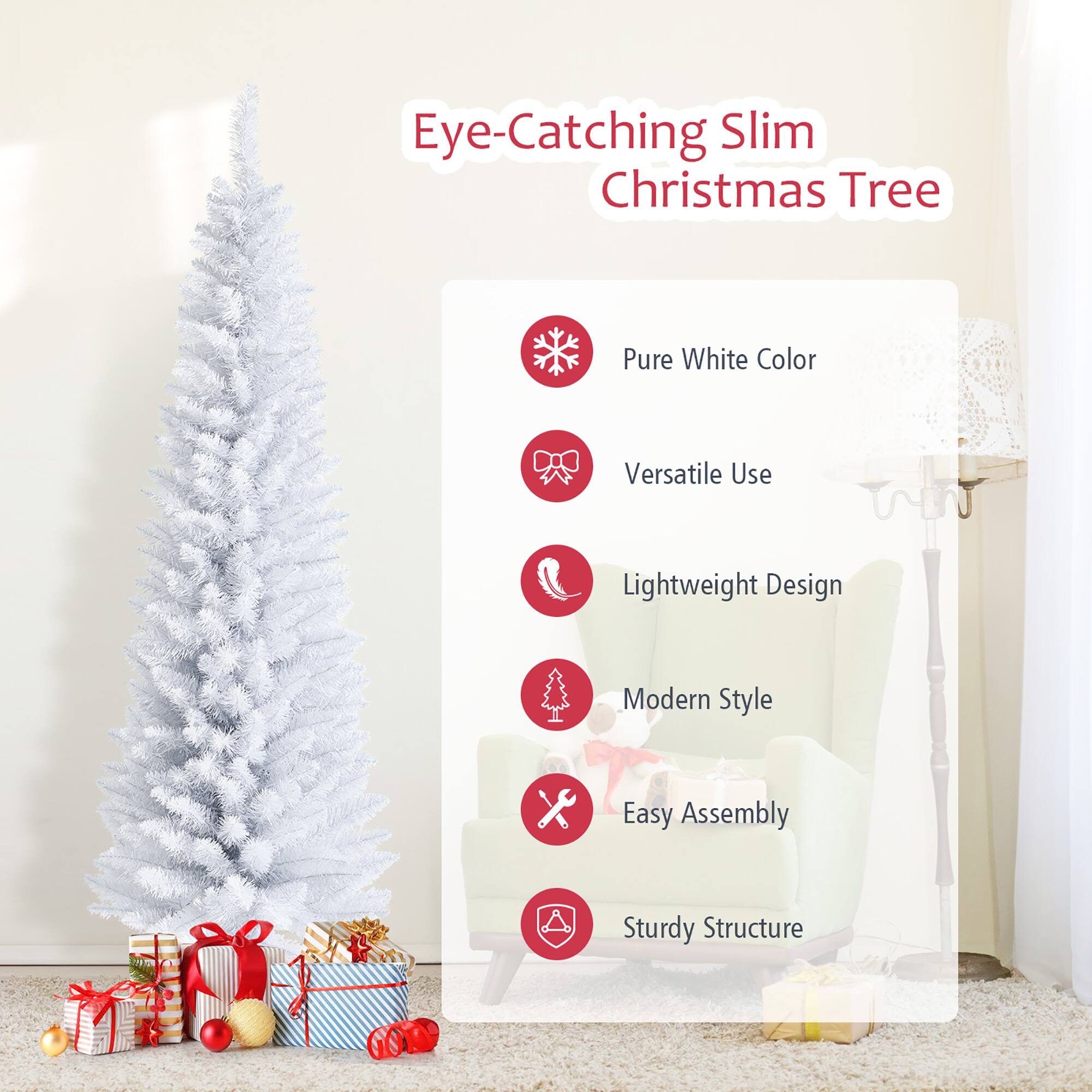 Eye-Catching Slim Christmas Tree Pure White Color Versatile Use Lightweight Design Modern Style Easy Assembly Sturdy Structure
