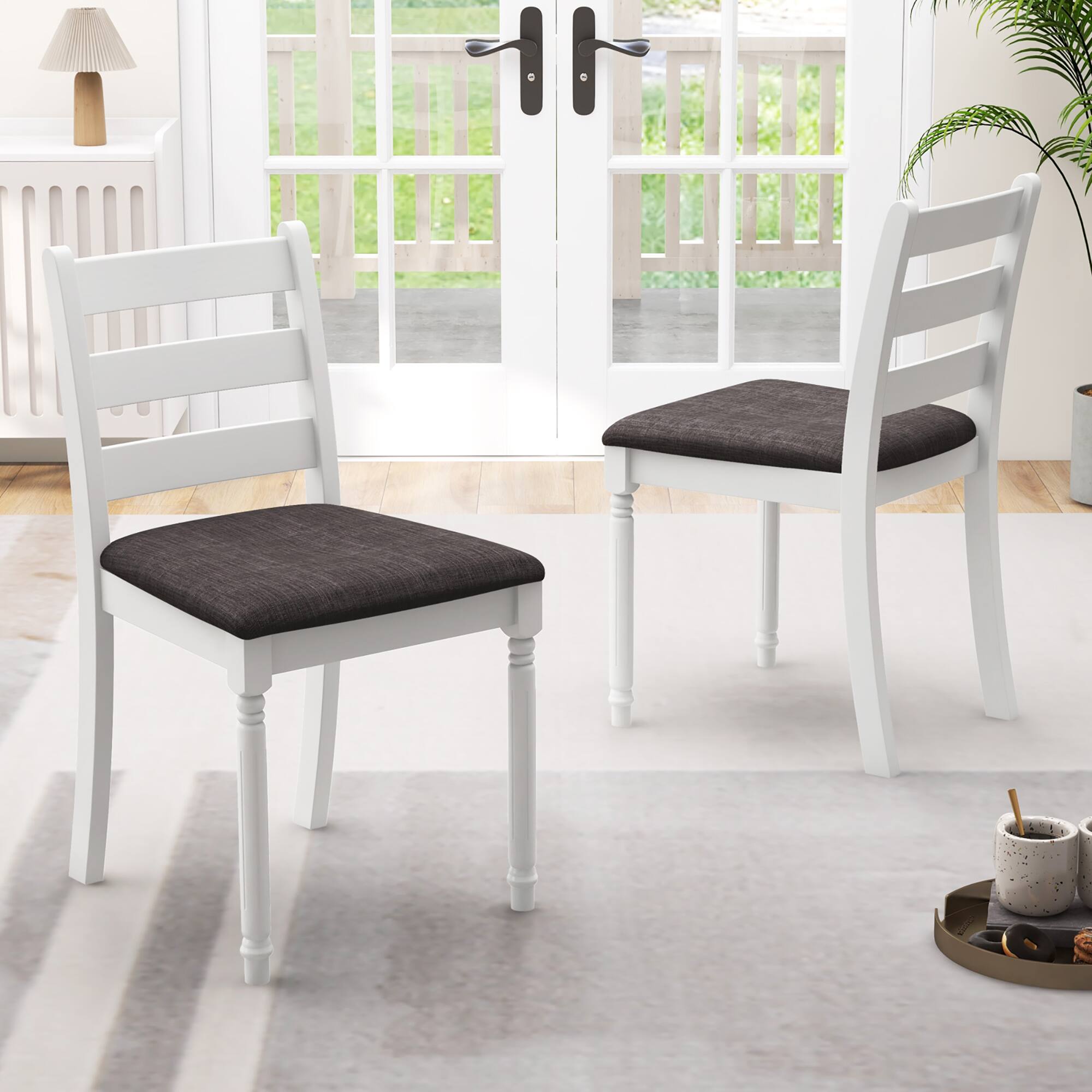 Alt View 3. Gymax - Gymax Wooden Dining Chair Set of 2 w/ Acacia Wood Legs Padded Cushion Ladder Back - White, Gray.
