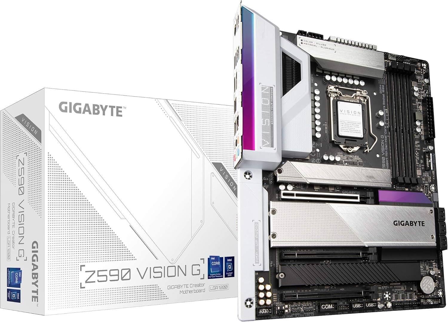GIGABYTE Z590 VISION G  
GIGABYTE Creator Motherboard  
LGA 1200  
Intel Core i9  
Intel Core i7  
Intel Core i5  
COLOR: SILVER  
MATERIAL: ALUMINIUM