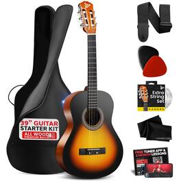 Pyle - Beginner Acoustic Guitar Kit, 4/4 Full Size All Wood Instrument with Accessories, 39” - Sunburst Teardrop