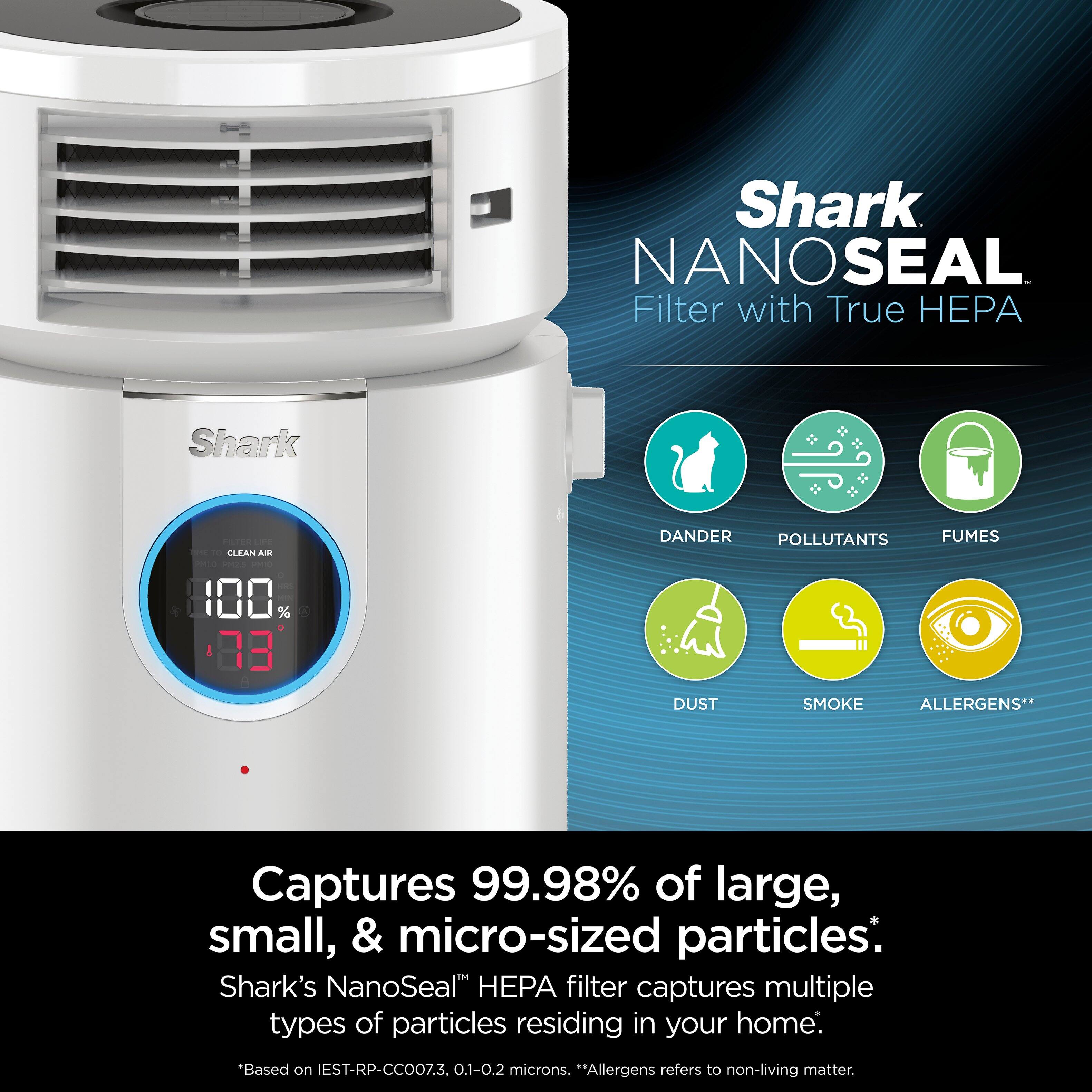 Shark NanoSeal Filter with True HEPA Ad: 100% Captures 99.98% of large, small, & micro-sized particles: Shark's NanoSeal A filter captures multiple types of particles residing in your home: "Based on IEST-RP-CCOO7.3, 0.1-0.2 microns. *Allergens refers to non-living matter.