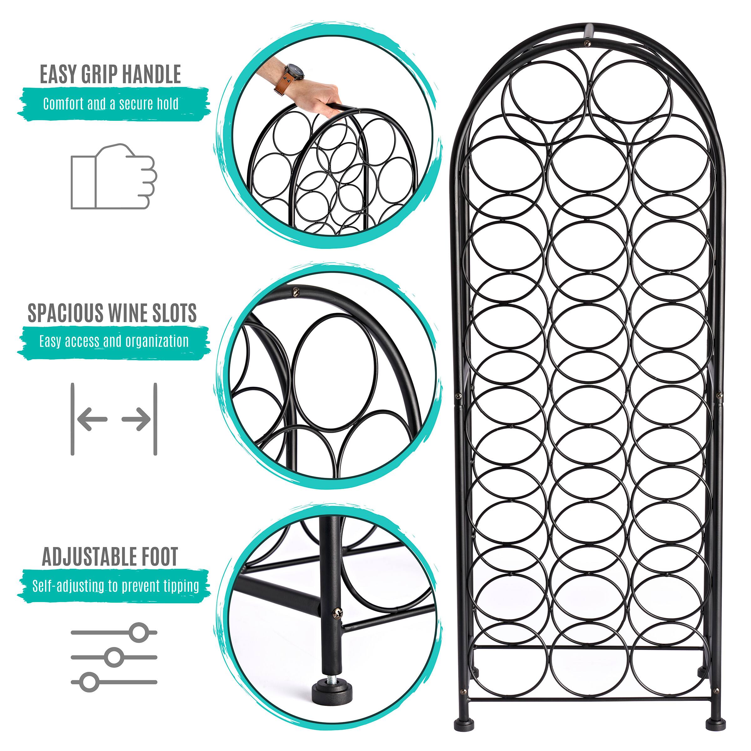 EASY GRIP HANDLE  
Comfort and a secure hold

SPACIOUS WINE SLOTS  
Easy access and organization

ADJUSTABLE FOOT  
Self-adjusting to prevent tipping